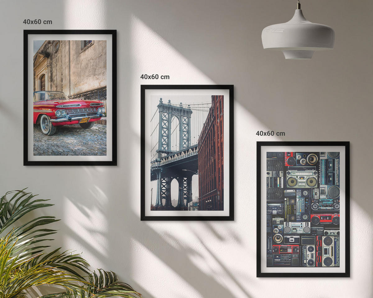 BILDER SET 3er Set - 40x60 cm Schwarzer Rahmen - Alte Autobrücke Brooklyn Retro-Audio - Schwarz, Kunststoff (40/60cm) - TULUP