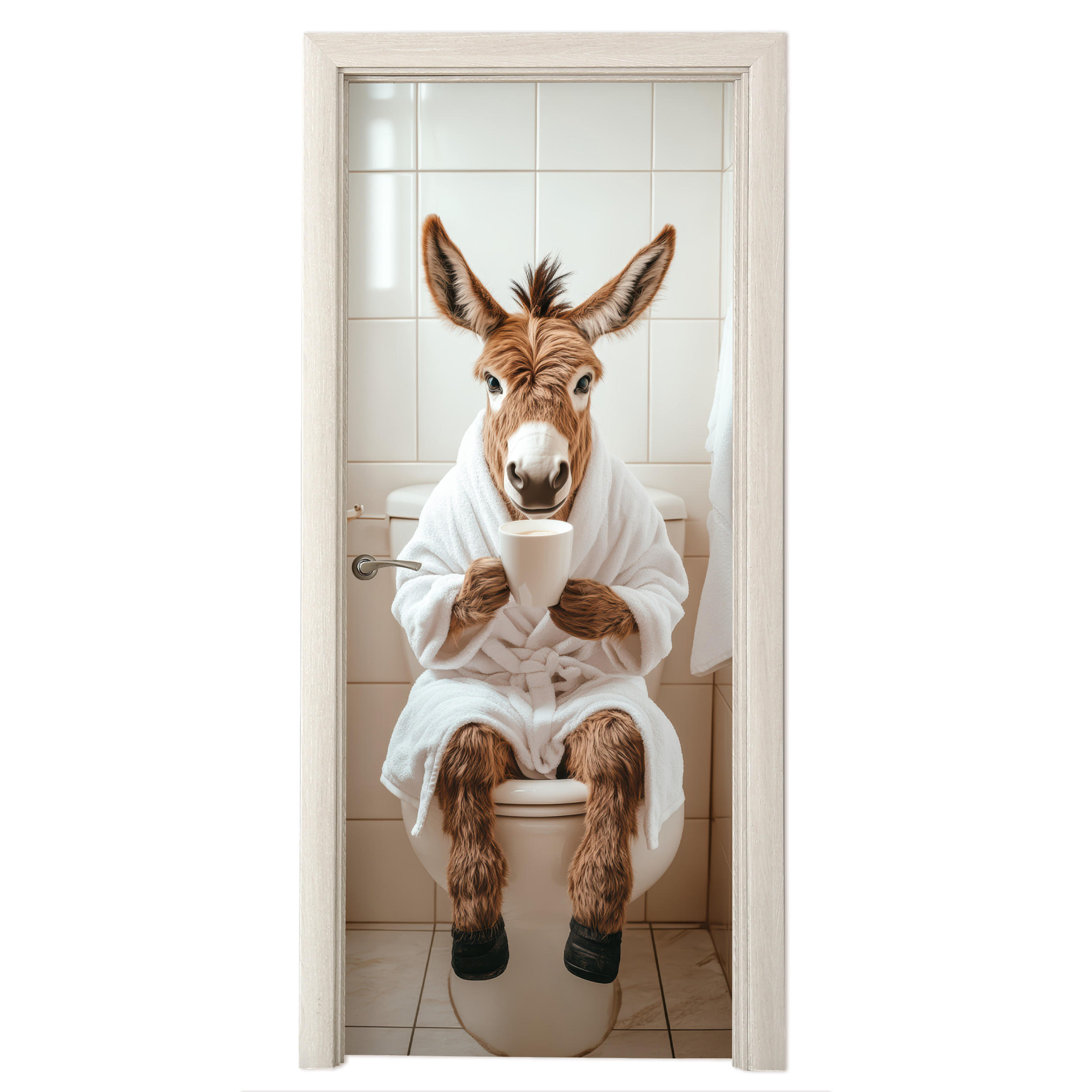 FOTOTAPETE Tür - Esel - WC - Lustig - Bademantel - Tier 75x205 cm - Beige, Kunststoff (75/0.1cm) - MuchoWow