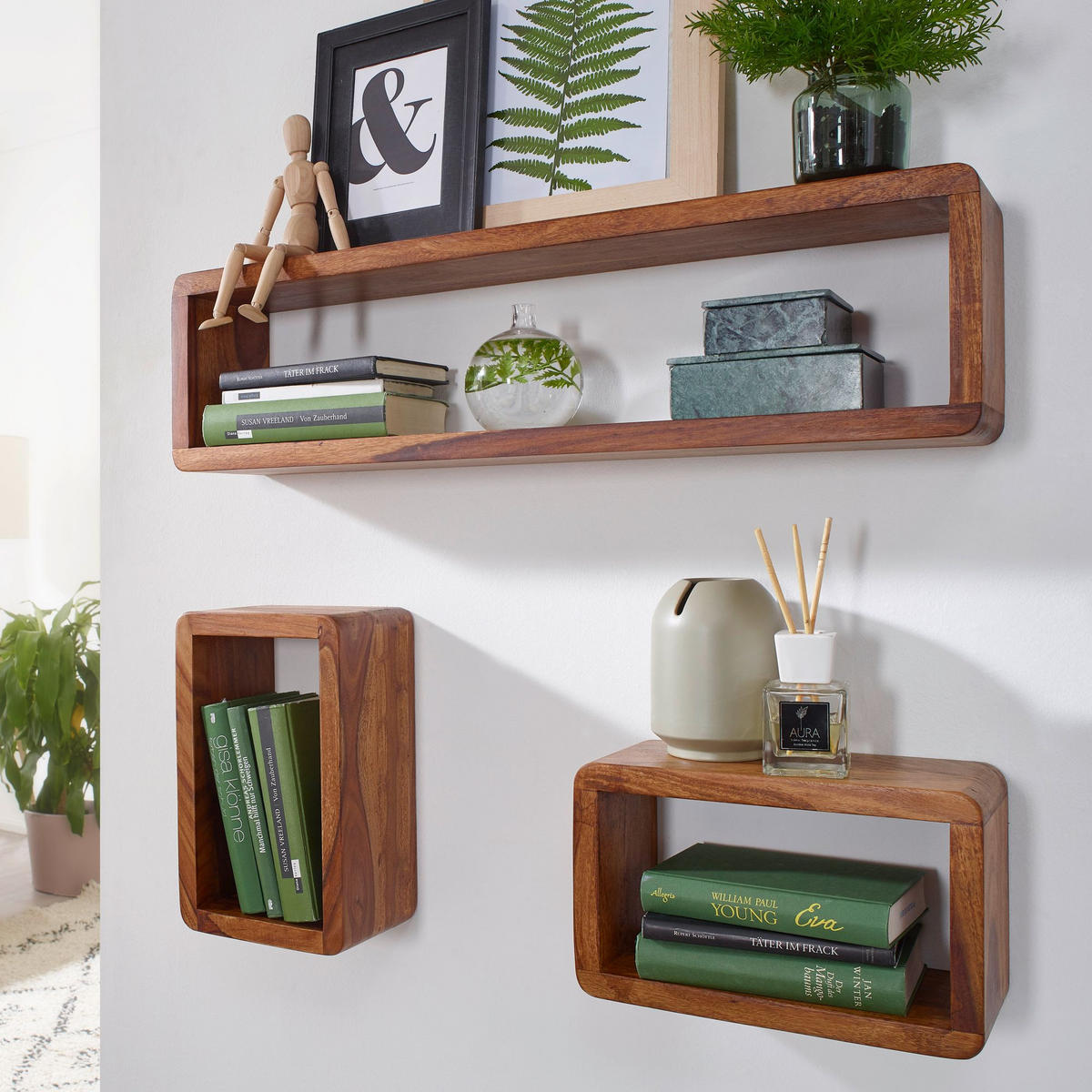 HÄNGEREGAL 3er Set BALO Sheesham - Braun, Holz (80/20/15cm) - tinkaro