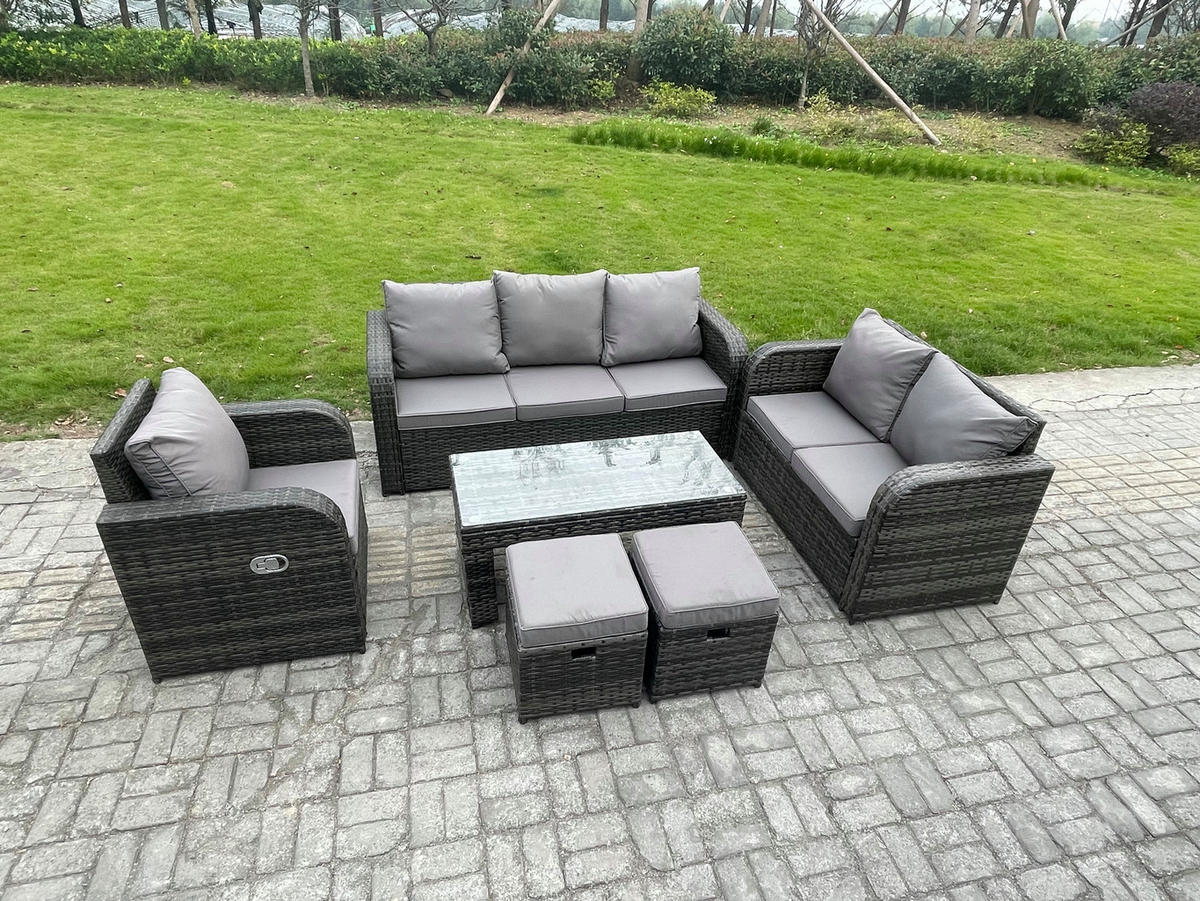 GARTENSOFA SET mit rechteckigem COUCHTISCH Polyrattan 8-Sitzer Dunkelgrau - Dunkelgrau/Grau, Glas/Kunststoff - Fimous