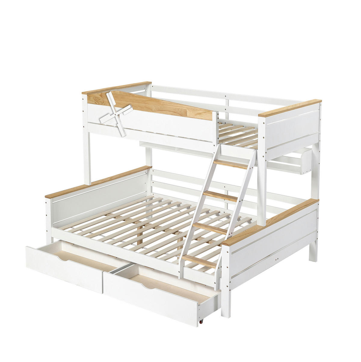 ETAGENBETT 90/200 cm & 140/200 cm mit Regalen, Schubladen und Windmühlen-Design, Weiß/Natur - Weiß, Holzwerkstoff (90/200cm) - Redom