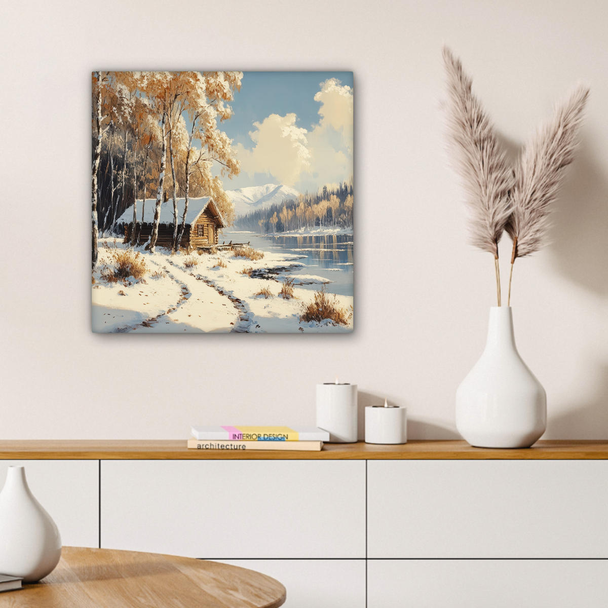 LEINWANDBILD Winter - Schnee - Zuhause - Natur 50x50 cm - Hellbraun, Textil (50/50cm) - MuchoWow
