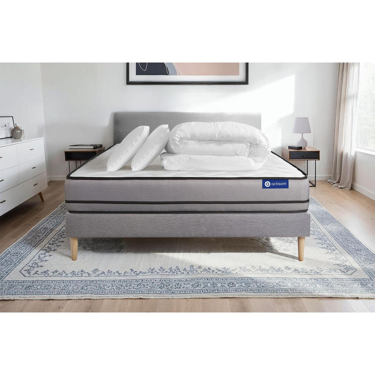 BETT Actimemo night Memory-Schaum 140 x 190 cm h4 - Kit Bettgestell Grau - Mit Kissen und Bettdecke - Beige/Grau, Karton/Holz (140/190cm) - ACTISOM