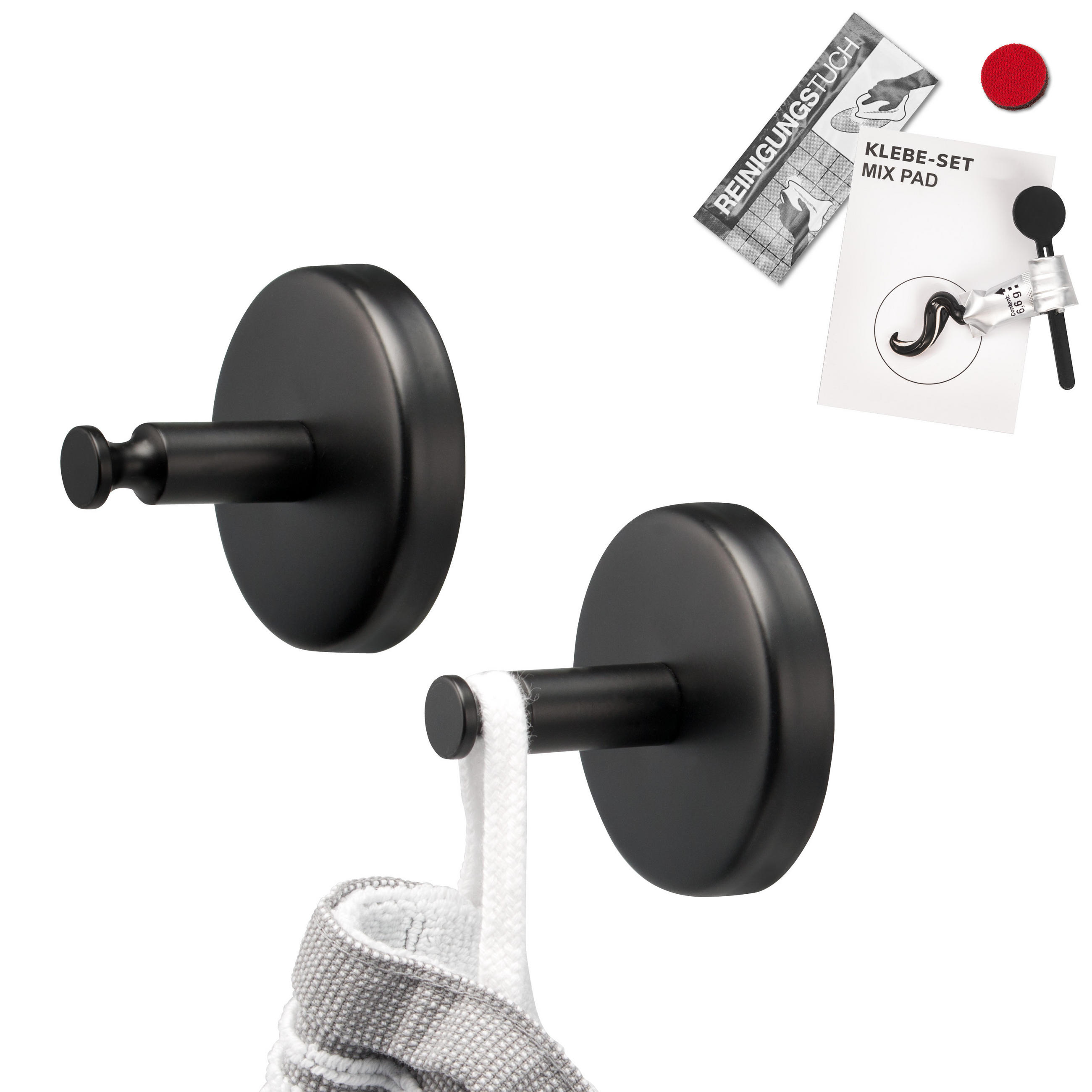 HANDTUCHHAKEN PIAZZA 2er-Set, schwarz, inkl. Klebeset - Schwarz, Metall (6/6/4.5cm) - bremermann
