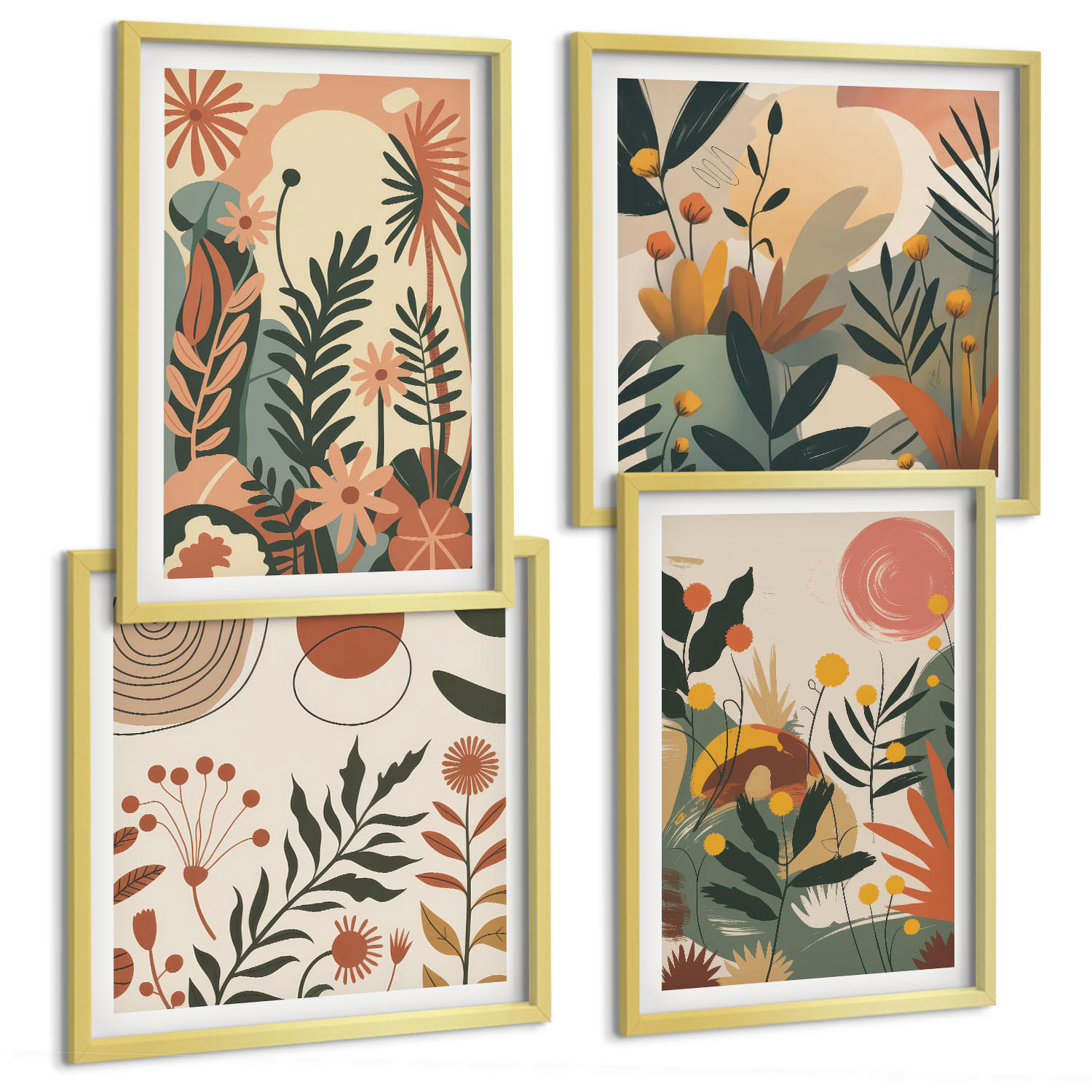 BILDER SET 4er Set - 50x50 cm & 40x60 cm Goldrahmen - Pastellfarbene Pflanzenmuster - Goldfarben, Kunststoff (50/50cm) - TULUP