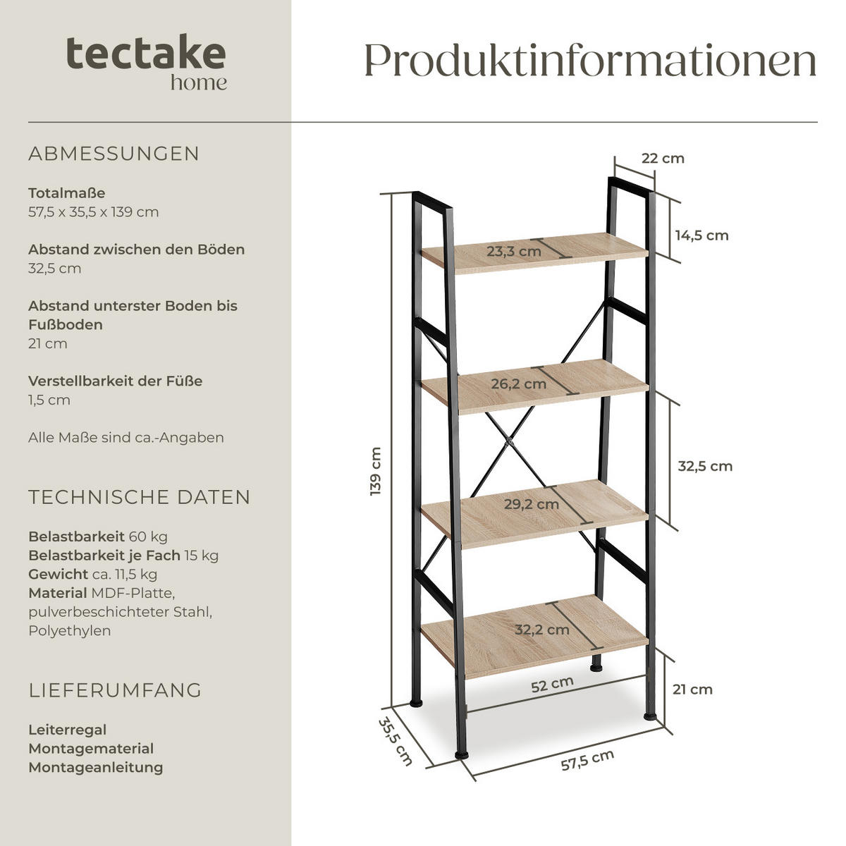 LEITERREGAL Newcastle,inklusive Kippschutz, 57,5 x 35,5 x 139 cm,Industrial Holz hell, Eiche Sonoma - Naturfarben, Holz (35.5/139/57.5cm) - tectake