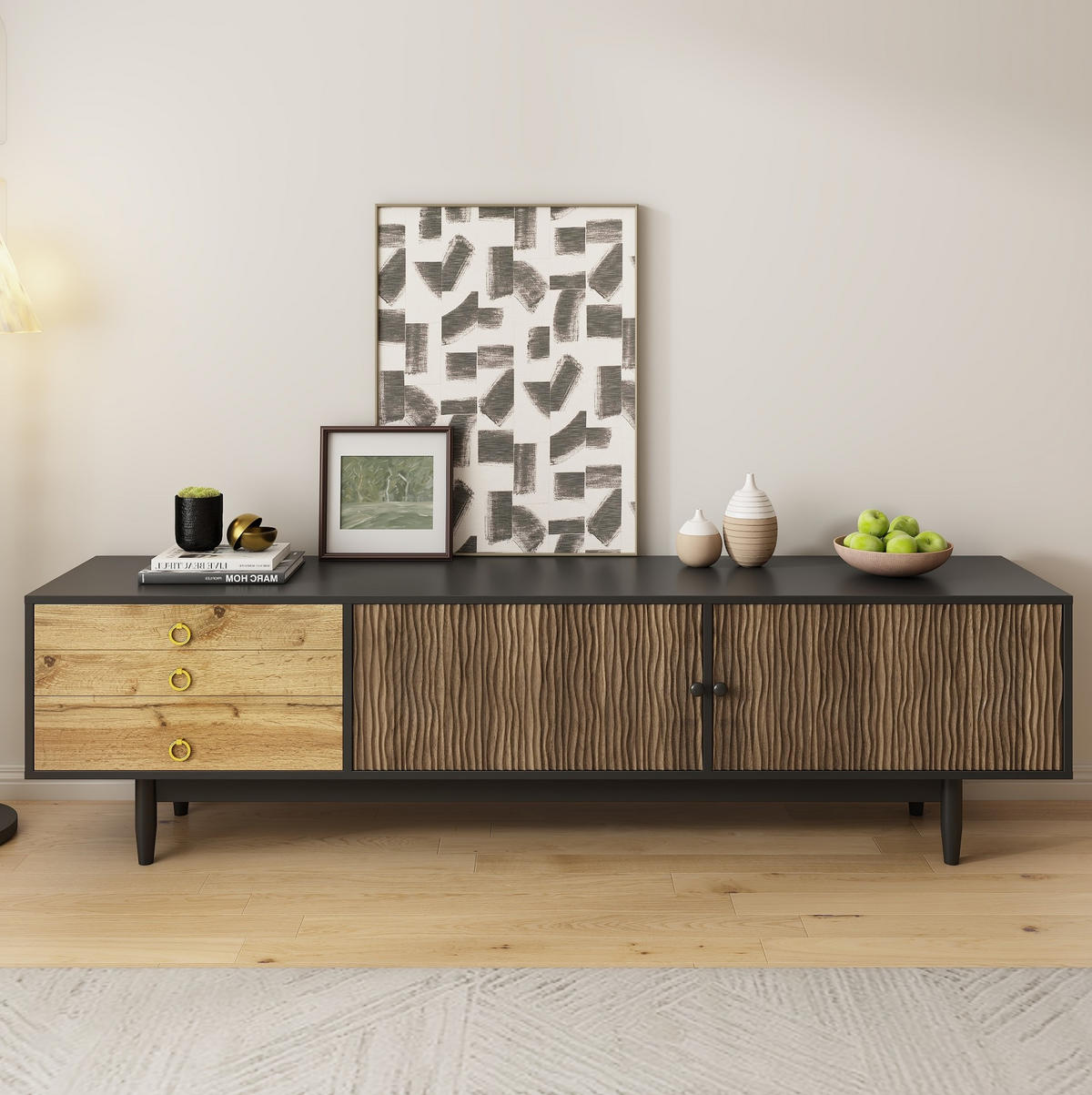TV-SCHRANK 180/50/38 cm schwarz-finish MDF mit 2 Türen und 3 Schubladen - Schwarz, Holzwerkstoff (180/38/50cm) - OKWISH