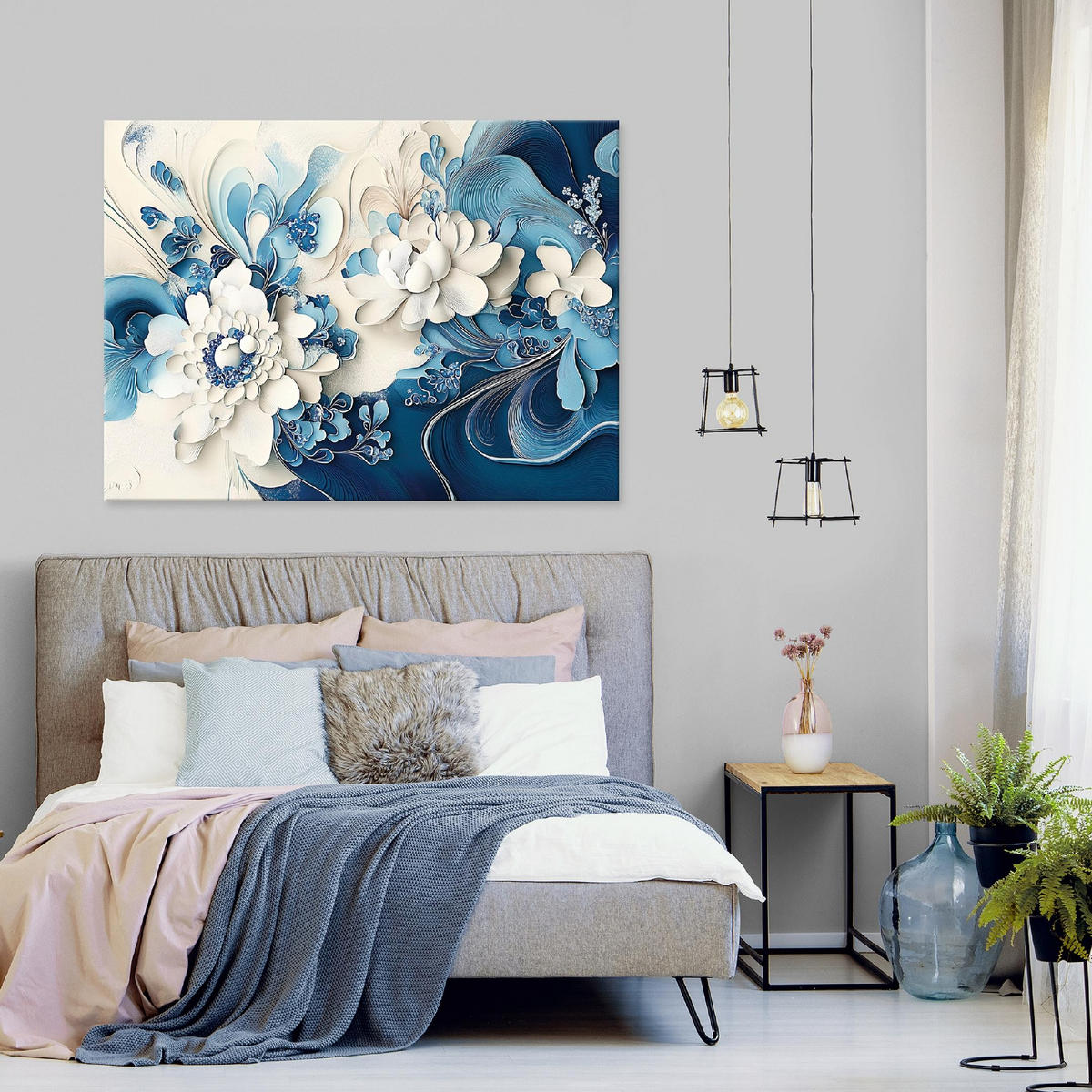 LEINWANDBILD Blumen Blau Abstrakt Modern Wohnzimmer 120x80 - Multicolor, Holzwerkstoff (120/80cm) - Wallarena