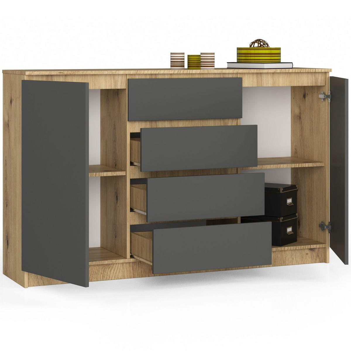 KOMMODE Eiche Artisan, Grau 160x40x99 cm - Graphitfarben/Eiche Artisan, Holzwerkstoff (160/99/40cm) - Akord