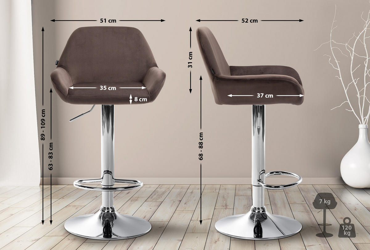 BARHOCKER Samt braun - Chromfarben/Braun, Textil/Metall (51/89/52cm) - CLP