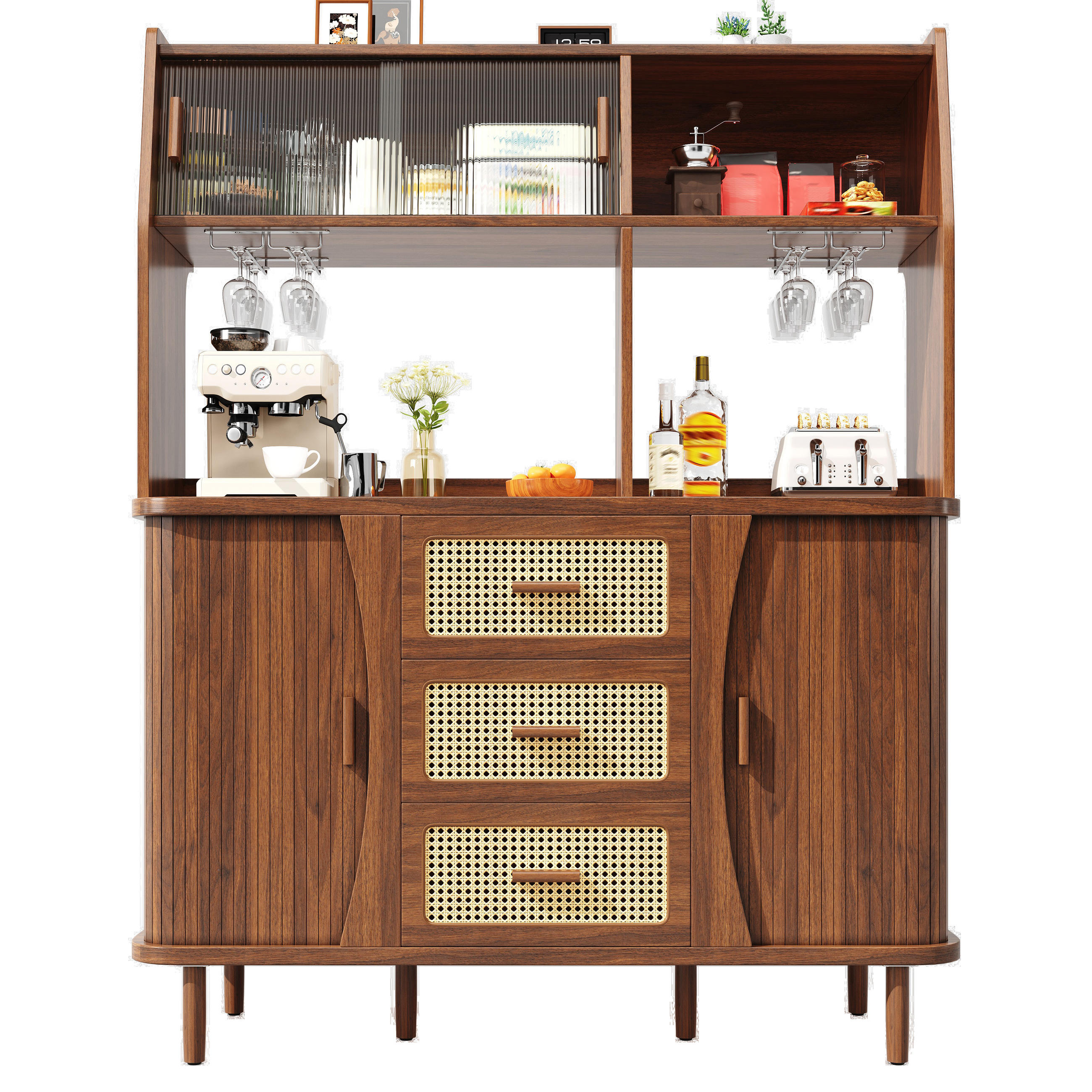 BUFFETSCHRANK Rattanoptik Glas Schiebetür Nussbaum Stauraum - Walnussfarben, Metall (140/174.5/40.5cm) - FLIEKS