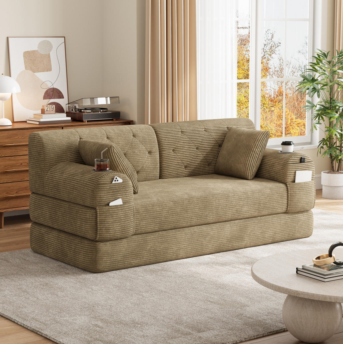 SCHLAFSOFA mit hoher Rückenlehne 168 x 80 x 81 cm Cord Khaki - Braun, Kunststoff (80/81/168cm) - Meubliv