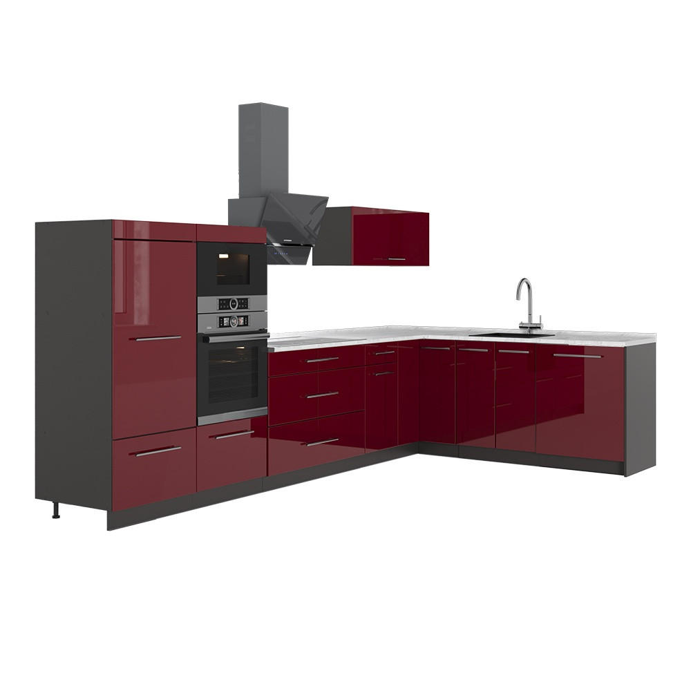 ECKKÜCHE Fame-Line, Bordeaux Hochglanz/Anthrazit, 347 x 207 cm, AP Marmor - Bordeaux/Anthrazit, Holzwerkstoff (347/153.6/60cm) - Vicco