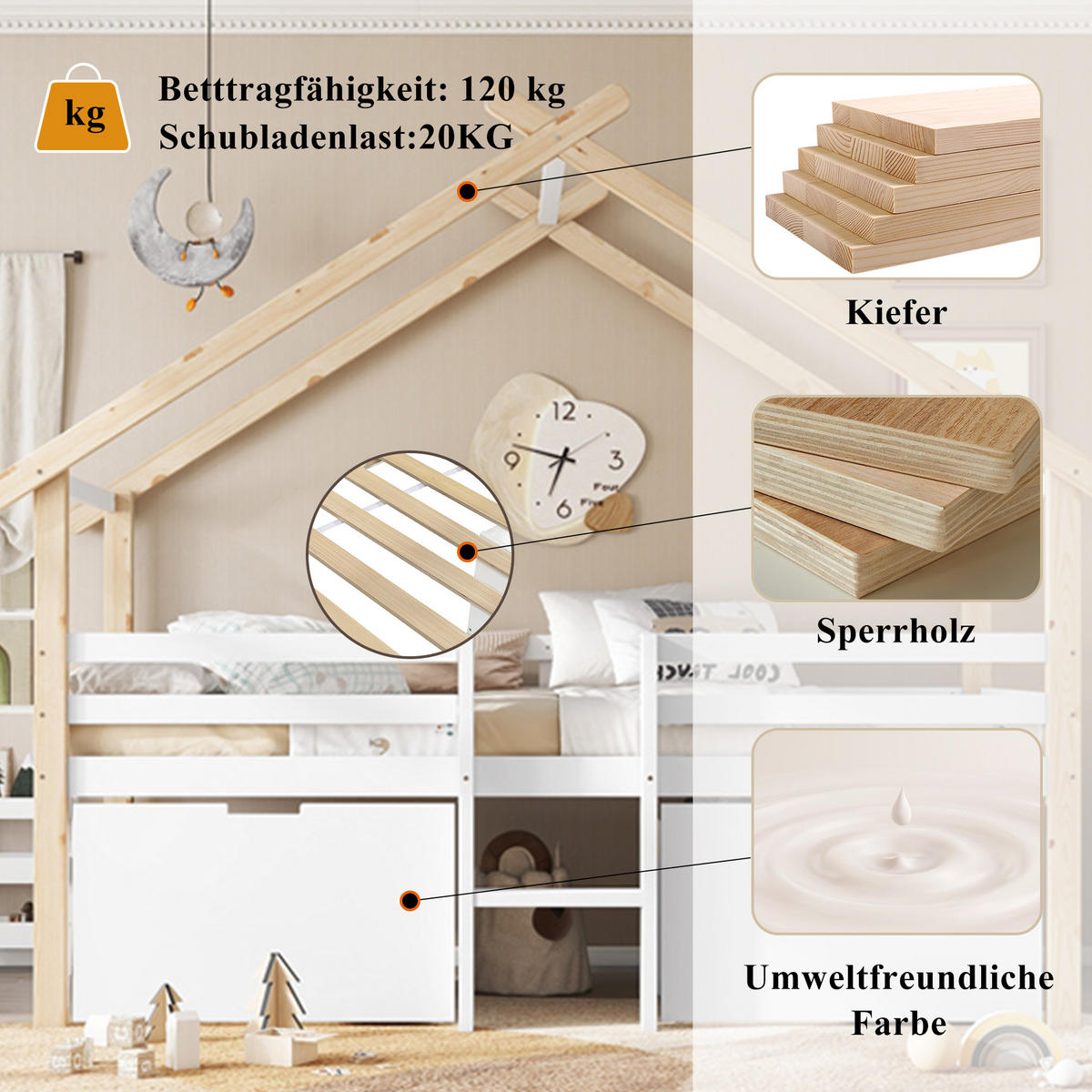 HAUSBETT 90x200 cm Treppe Schubladen weiß - Weiß, Holz (90/200cm) - LEBENLANG