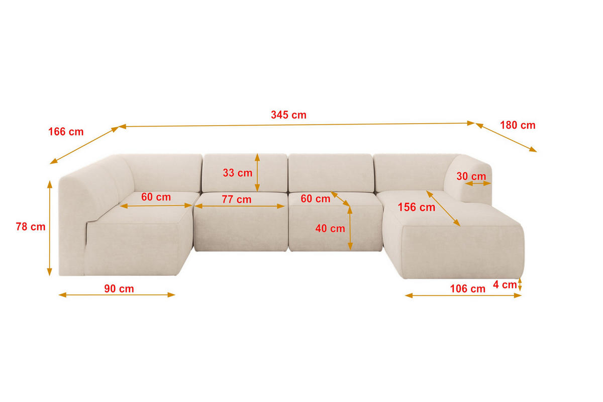WOHNLANDSCHAFT Ottomane Rechts MOVA 345x180x78 Beige Samt - Beige/Schwarz, Holzwerkstoff/Kunststoff (345/78/180cm) - ALTDECOR