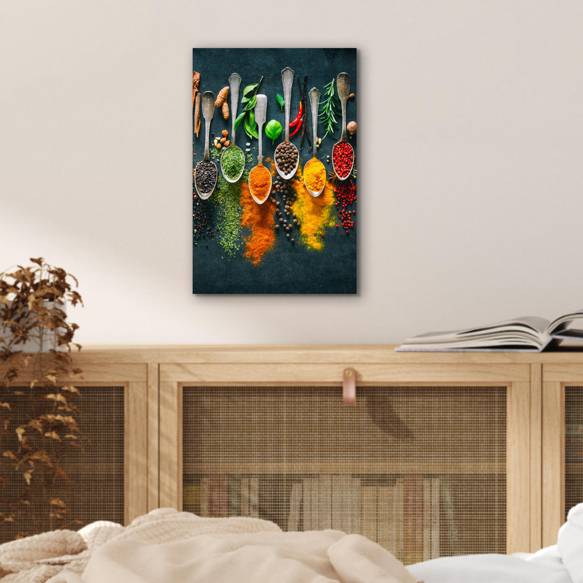 KOVOVÝ OBRAZ Bylinky - korenie - lyžičky 20x30 cm - kari žltá, kov (20/30cm) - MuchoWow