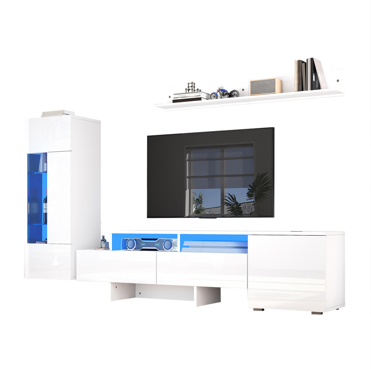 TV-WOHNWAND 3-teilig 170/35/45 cm aus Spanplatte mit LED-Beleuchtung und Hochglanzfront Weiß - Weiß, Holzwerkstoff (170/45/35cm) - Modenvie