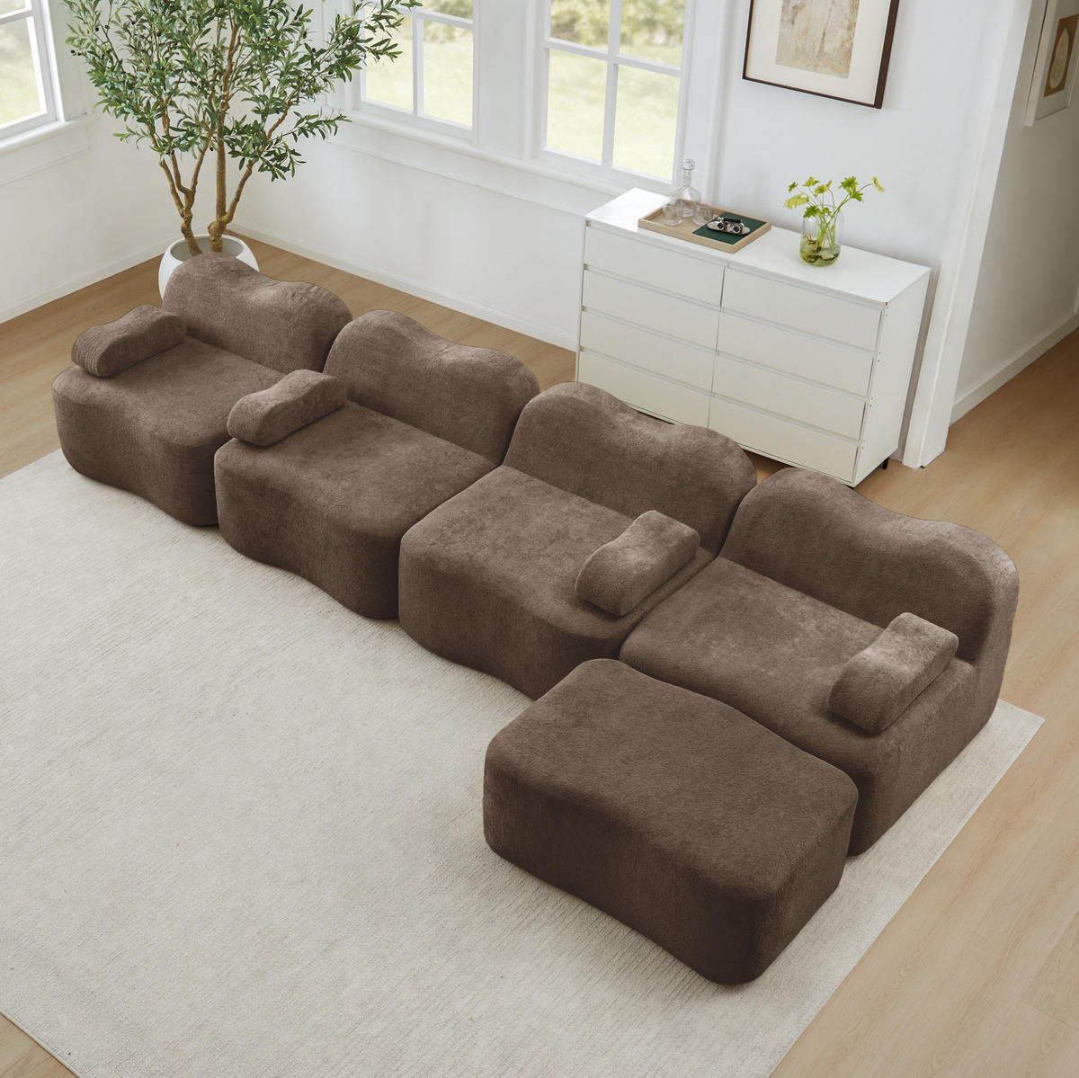ECKSOFA 384/167/70m 4-Sitzer braun aus Samt modular mit Ottoman - Braun, Textil (167/384cm) - OKWISH