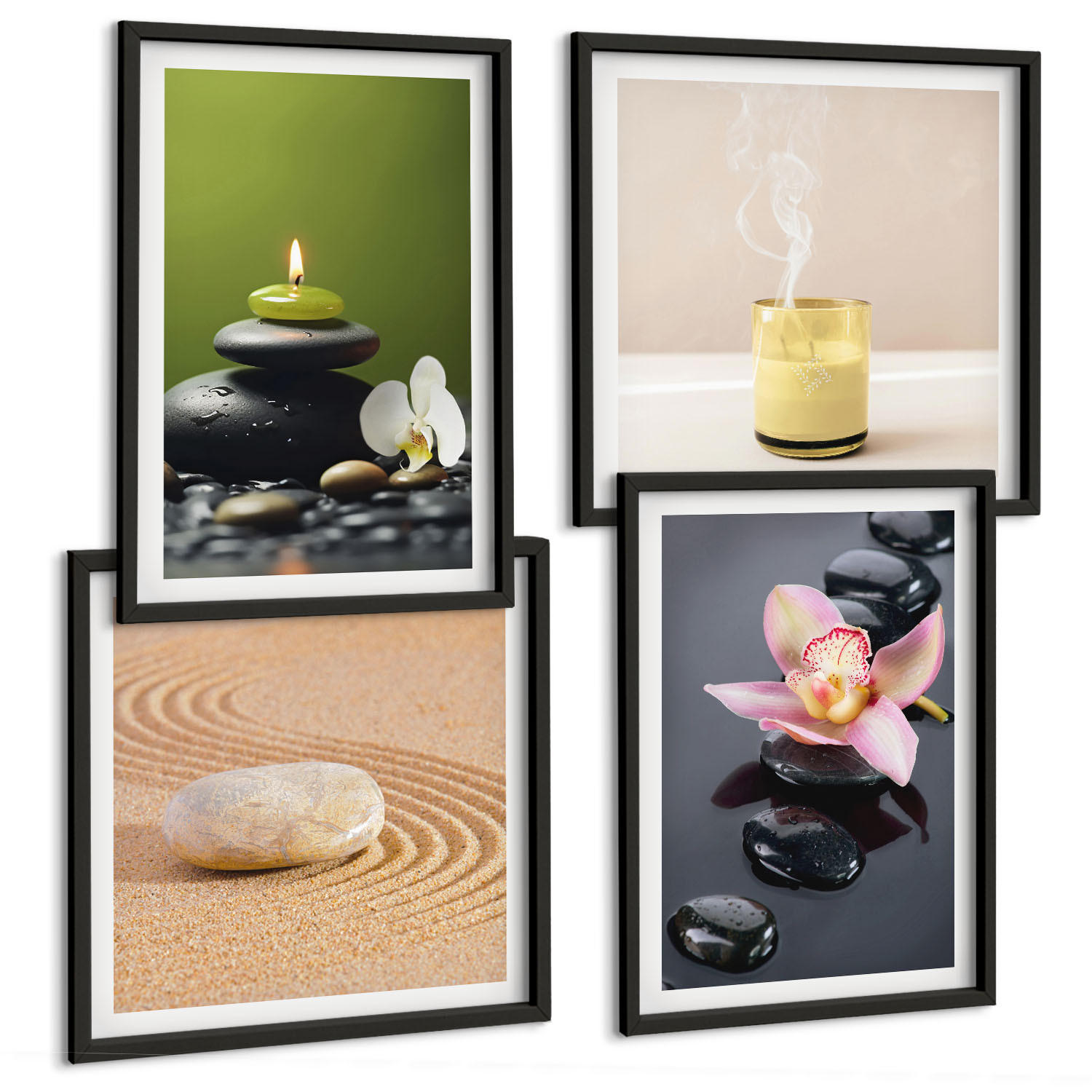 BILDER SET 4er Set - 50x50 cm & 40x60 cm Schwarzer Rahmen - Entspannende Zen-Steine für inneren Frieden - Schwarz, Kunststoff (50/50cm) - TULUP