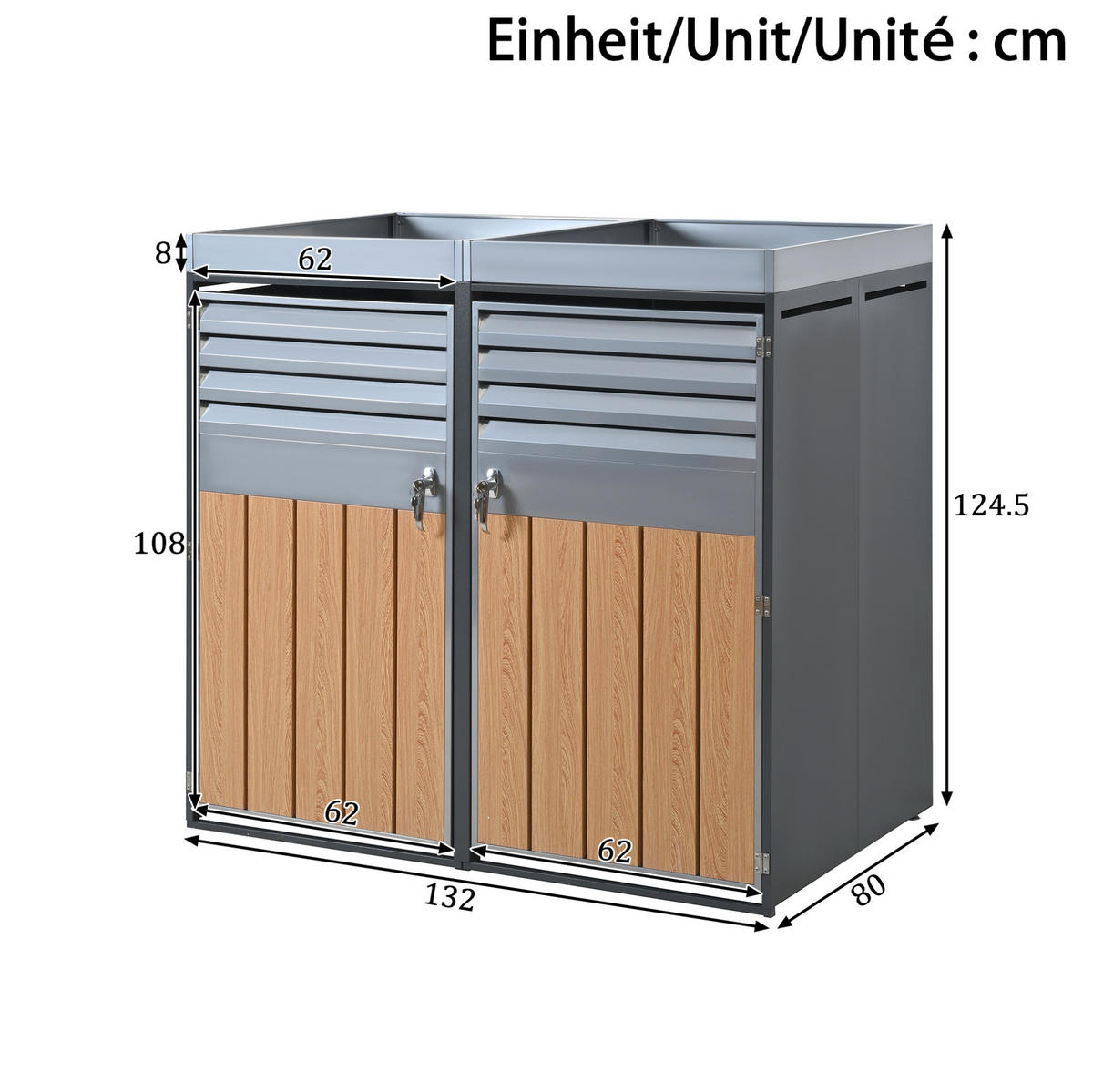 MÜLLTONNENBOX aus Stahl in Grau/Holzoptik mit Pflanzfläche & 4 abschließbaren Türen - Grau, Metall (264/124.5/80cm) - Modfu