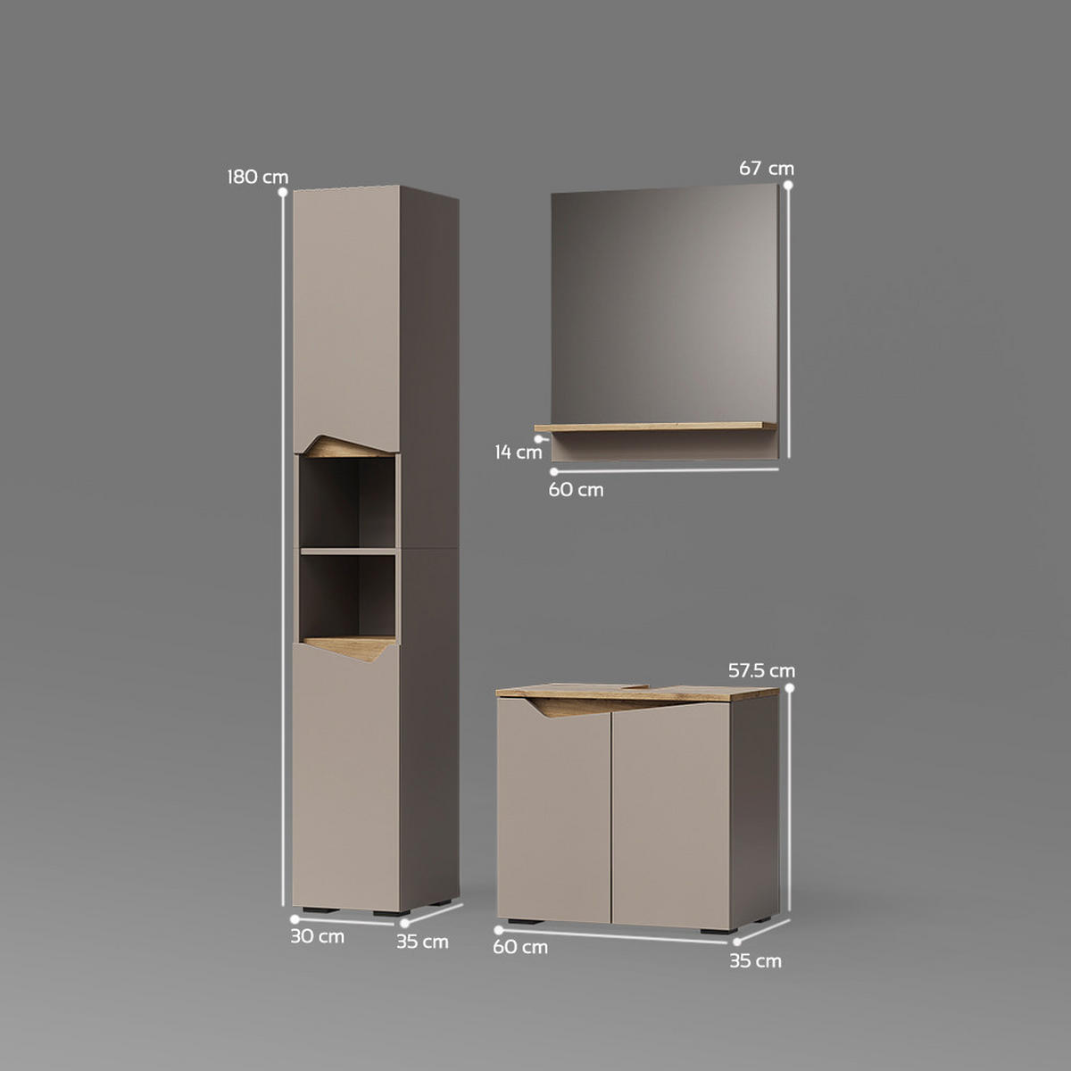 BADMÖBEL-KOMBINATION Timavo Greige 3 Teile, mit Hochschrank - Greige/Eiche Artisan, Holzwerkstoff (60/57/35cm) - Livinity®