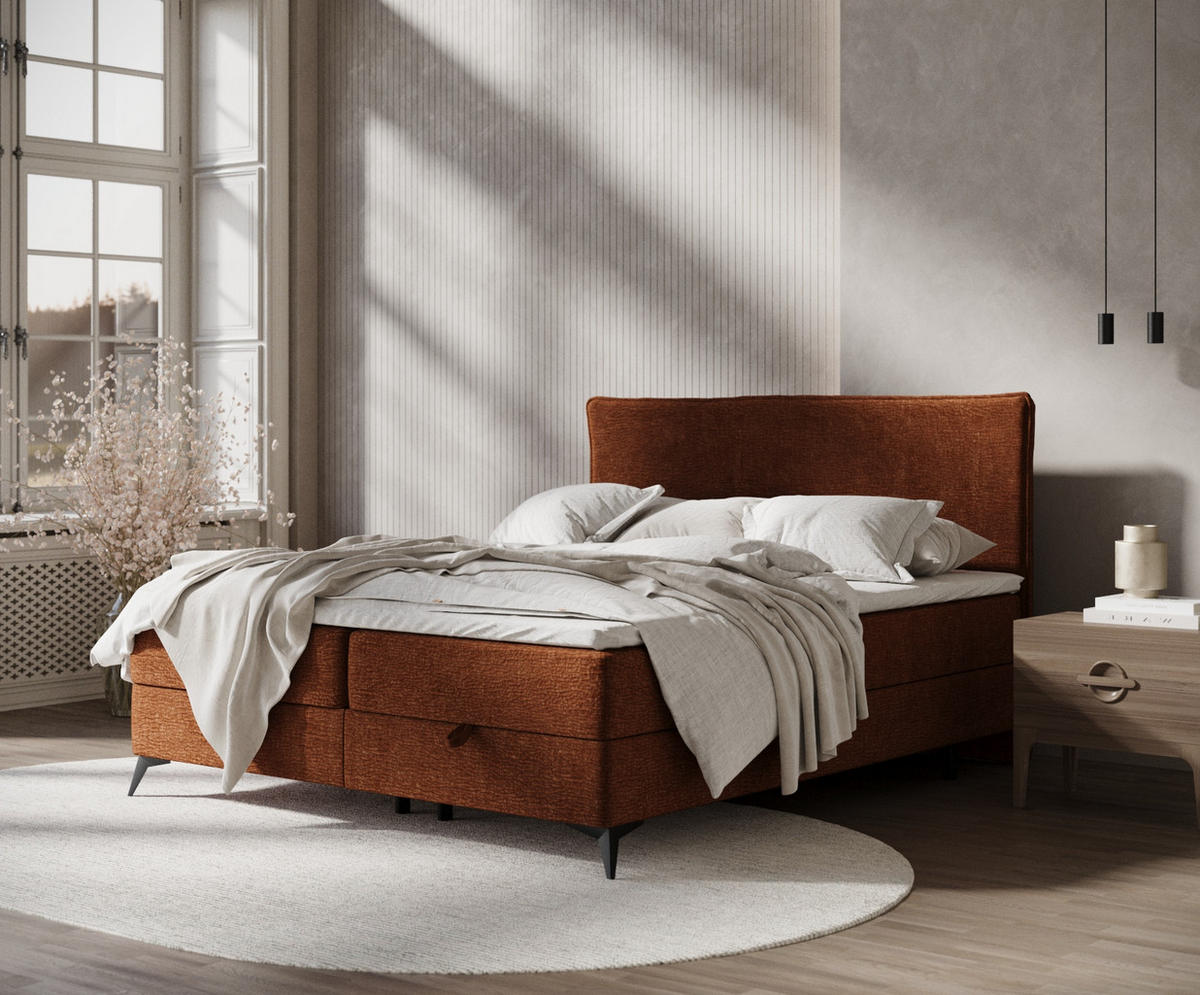 BOXBETT Peru Kupferfarbe 160/200 cm im Chenille-Stoff - Schwarz/Kupferfarben, Holz/Holzwerkstoff (160/200cm) - Maison de Reve