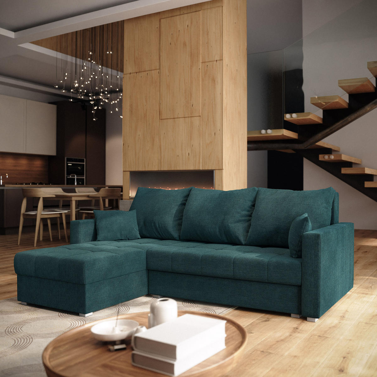 ECKSOFA NIDA Petrol Geflochtener Stoff mit Schlaffunktion - Petrol, Holz (220/143cm) - MASSENO