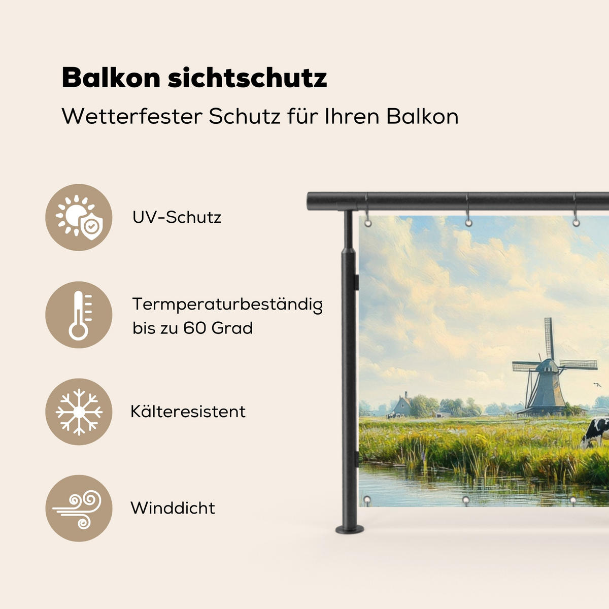 BALKON-SICHTSCHUTZ Kühe - Windmühle - Wiese - Blau - Grün, Kunststoff (300/110cm) - MuchoWow