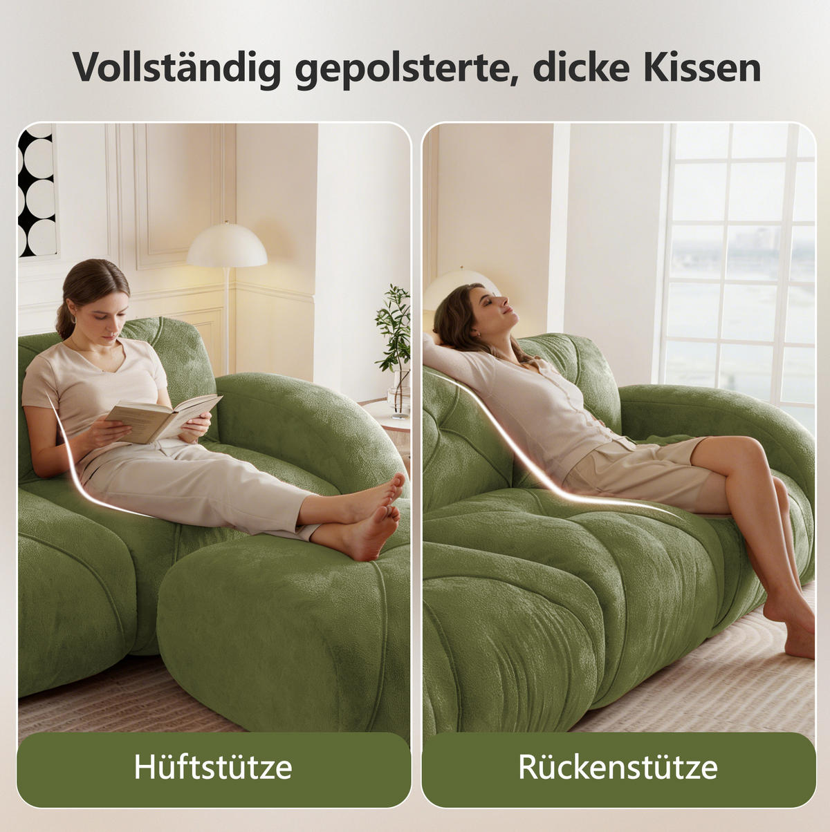 3-SITZER Sofa rahmenlos mit Chenille-Bezug, 32D-Schaumstoff und flexiblem Aufbau, Grün - Grün, Textil (281/76/95cm) - Redom