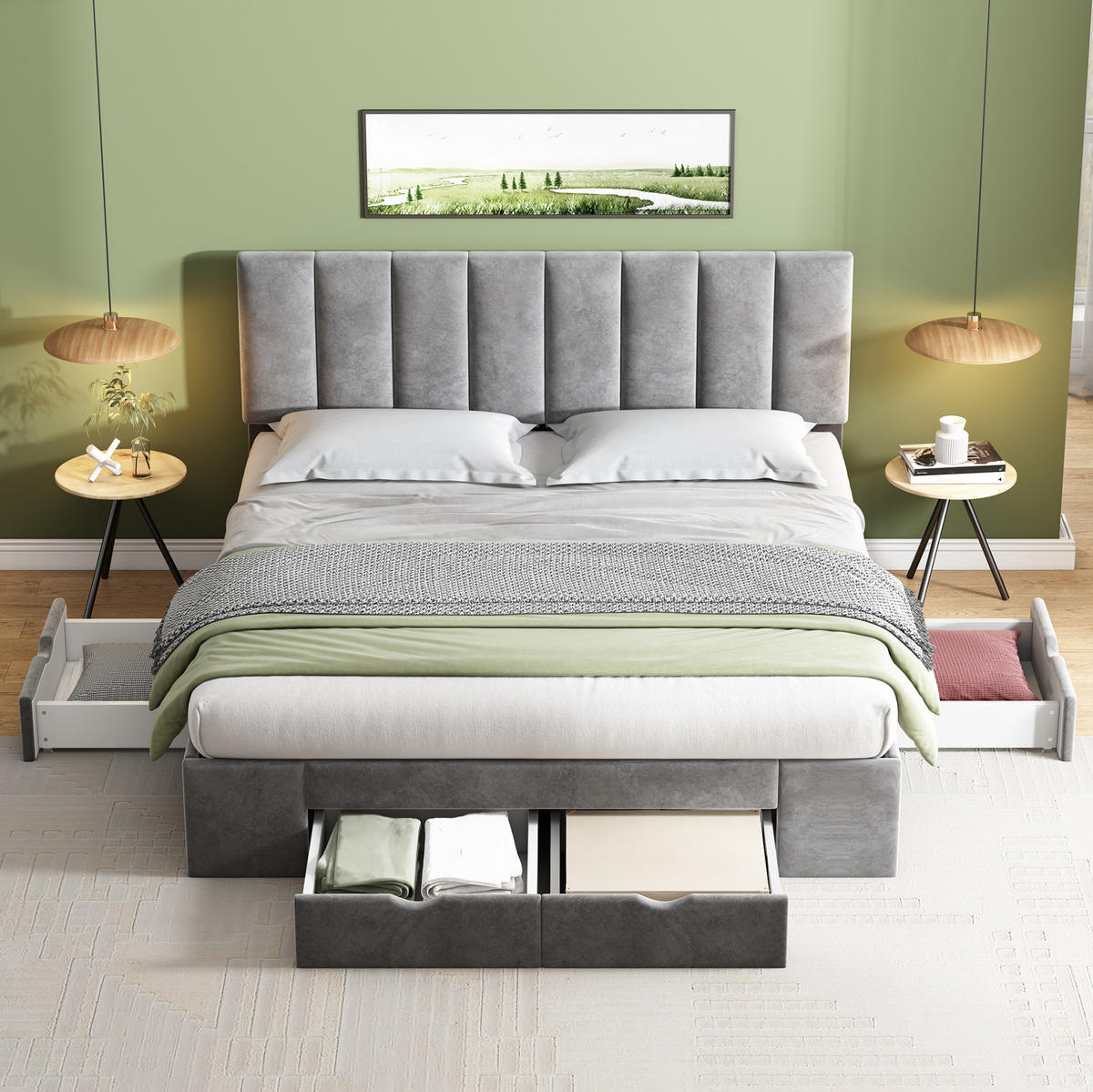 POLSTERBETT 160/200 cm grau aus Samt mit Lattenrost 4 Schubladen - Grau, Textil (160/200cm) - OKWISH