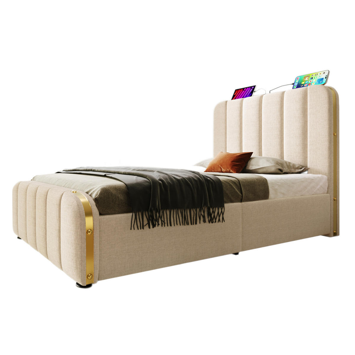 POLSTERBETT 90/200 cm Beige mit 4 Schubladen und USB- und Type-C-Anschlüssen - Beige, Textil (90/200cm) - Flora Grace