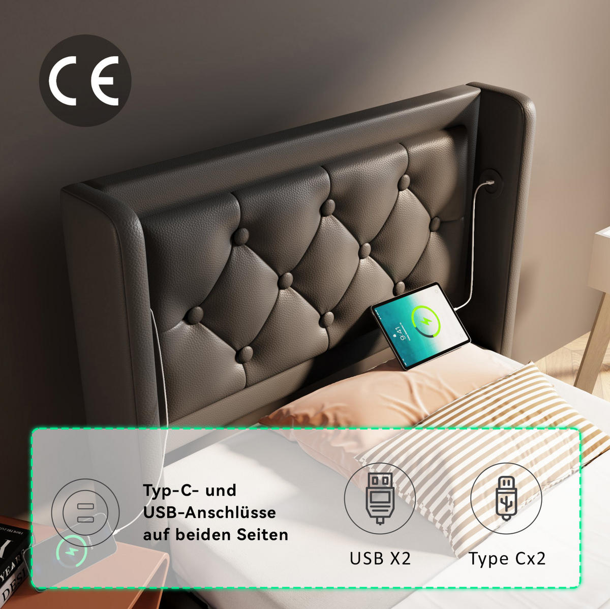 POLSTERBETT 90/200 cm Schwarz aus PU mit Stauraum, LED und Matratze - Schwarz, Kunststoff (90/200cm) - OKMYHOME