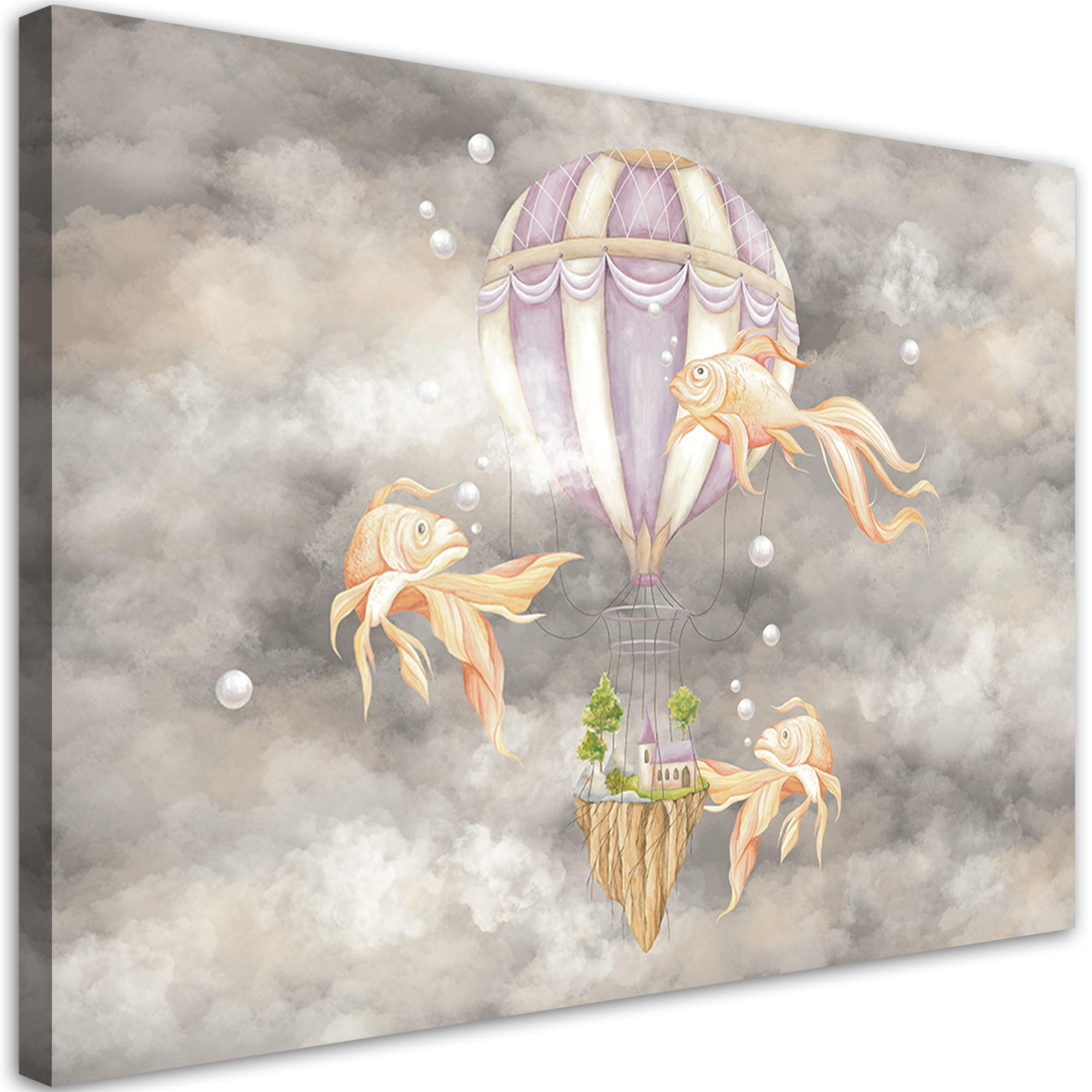 WANDBILD heißluftballon fliegendes haus und fisch - Silberfarben, Textil (60/40cm) - Feeby