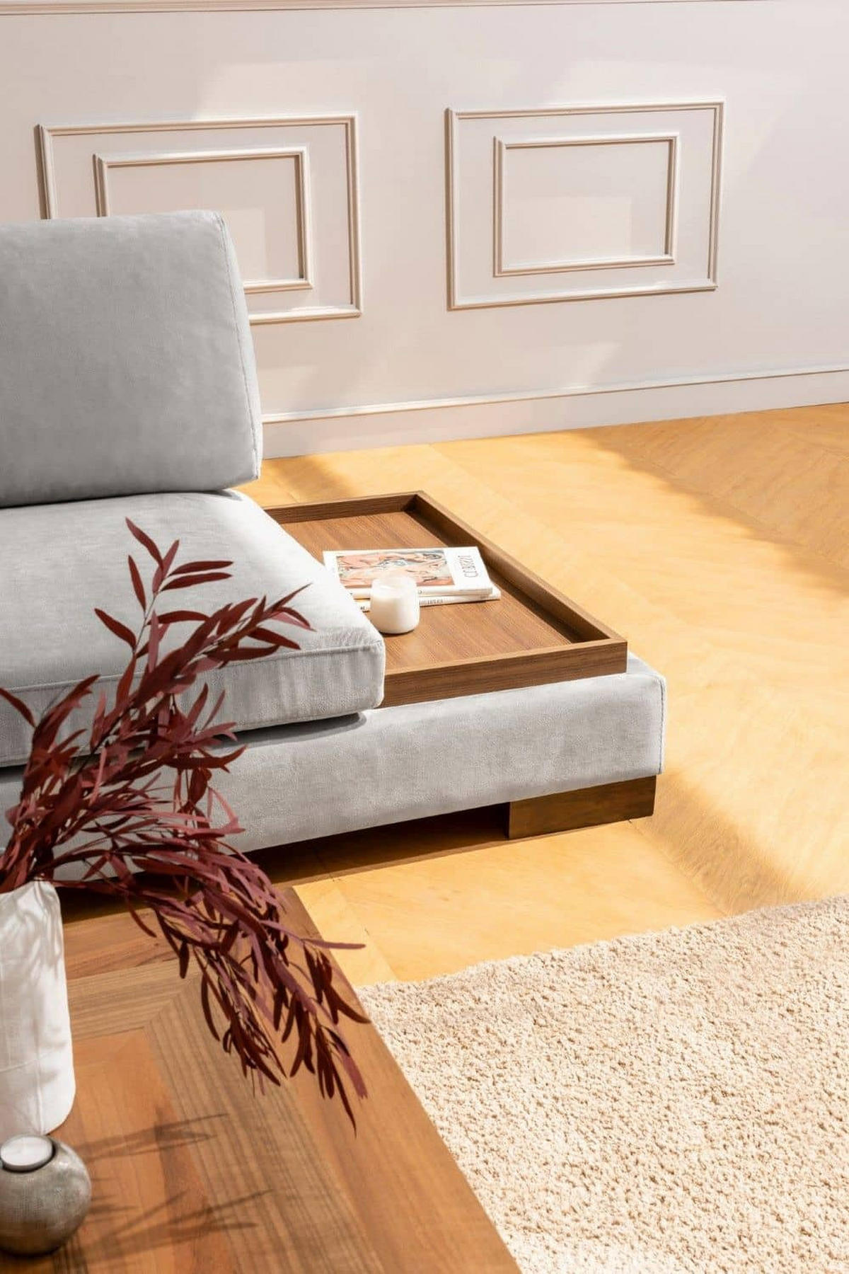 ECKSOFA mit Hocker und Lounge-Design - Walnussfarben/Hellgrau, Holz/Textil (313/193cm) - myHomelando