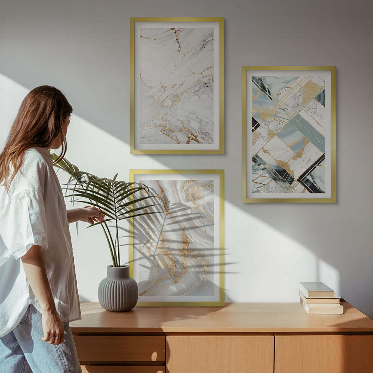 BILDER SET 3er Set - 40x60 cm Goldrahmen - Elegante Marmormuster - Goldfarben, Kunststoff (40/60cm) - TULUP