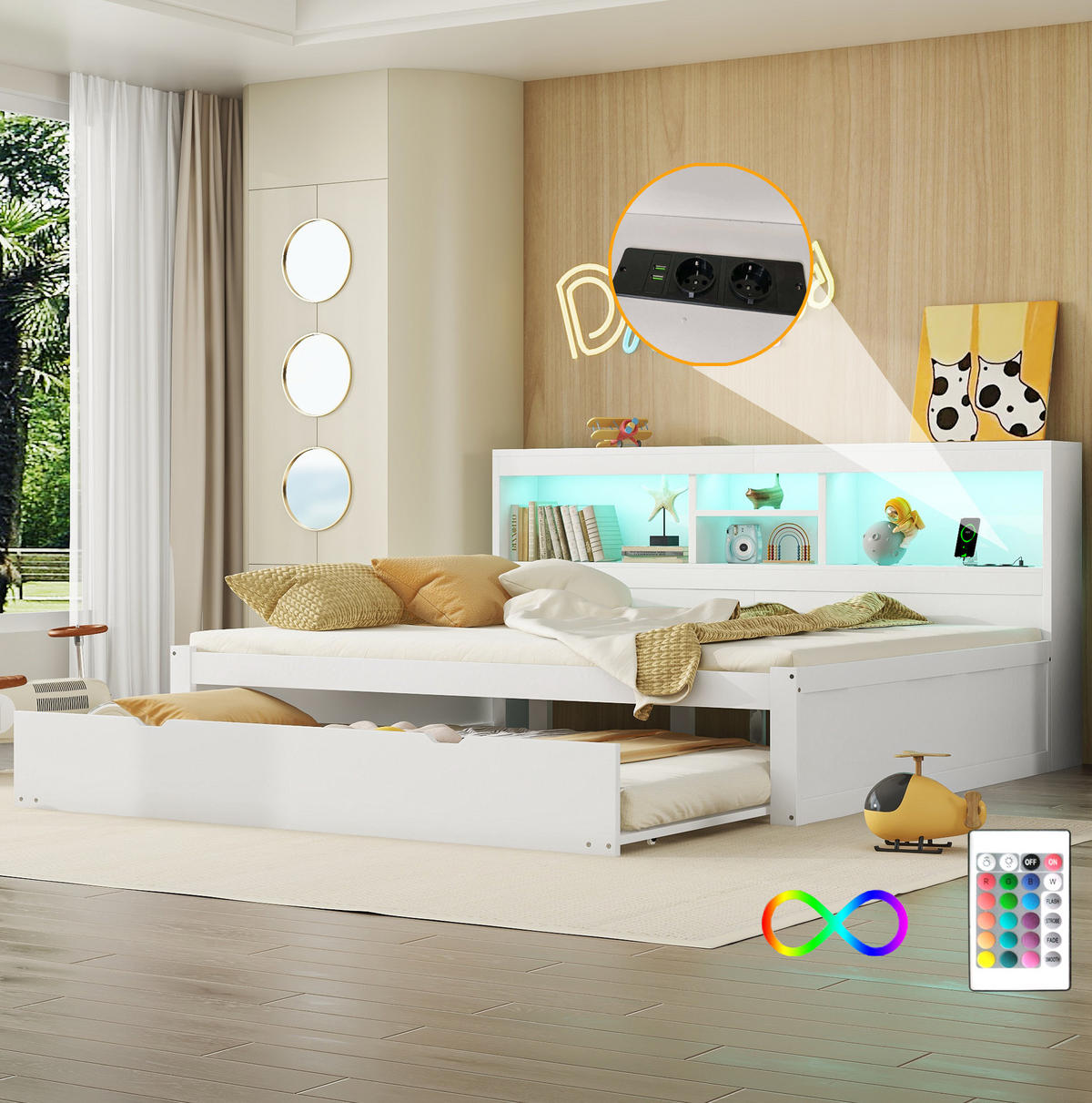 POSTEĽ 140/200 cm, biela, z drevotriesky a MDF, s LED osvetlením a výsuvným lôžkom - biela, kompozitné drevo (140/200cm) - BEAOK