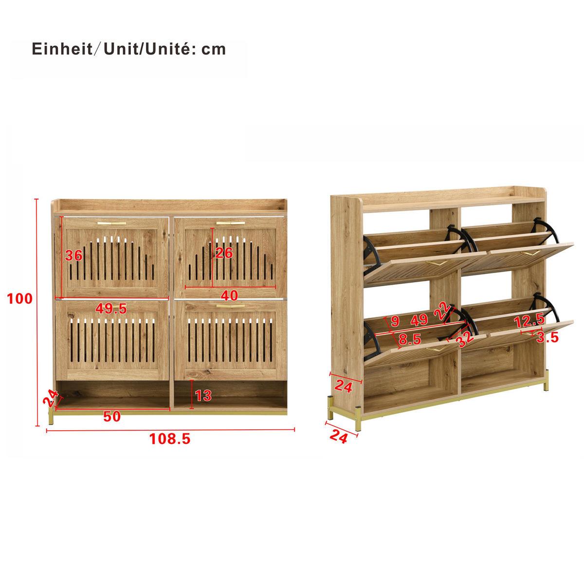 SCHUHSCHRANK aus MDF 108,5x24x100cm in Naturfarben mit 4 Türen - Naturfarben, Holzwerkstoff (108.5/100/24cm) - Modfu