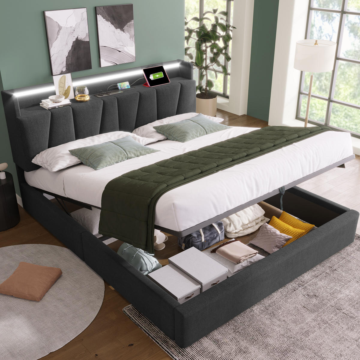 POLSTERBETT 140/200 cm grau mit Stauraum-Kopfteil und LED-Beleuchtung - Grau, Textil (140/200cm) - OKWISH