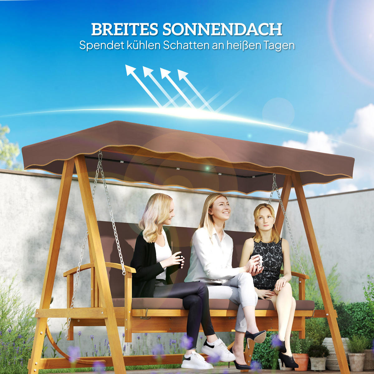 HOLLYWOODSCHAUKEL DE-07043 3-Sitzer, Echtholz, mit Liegefunktion Braun - Braun, Holz (236/181/130cm) - ComfortXL