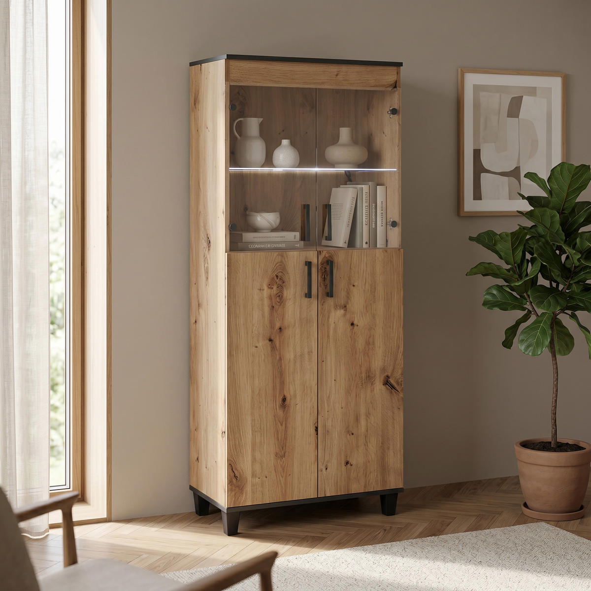 VITRINENSCHRANK CORTEZA 193 x 80 cm Eiche Artisan - Eiche Artisan, Holzwerkstoff (80/193/40cm) - MASSENO