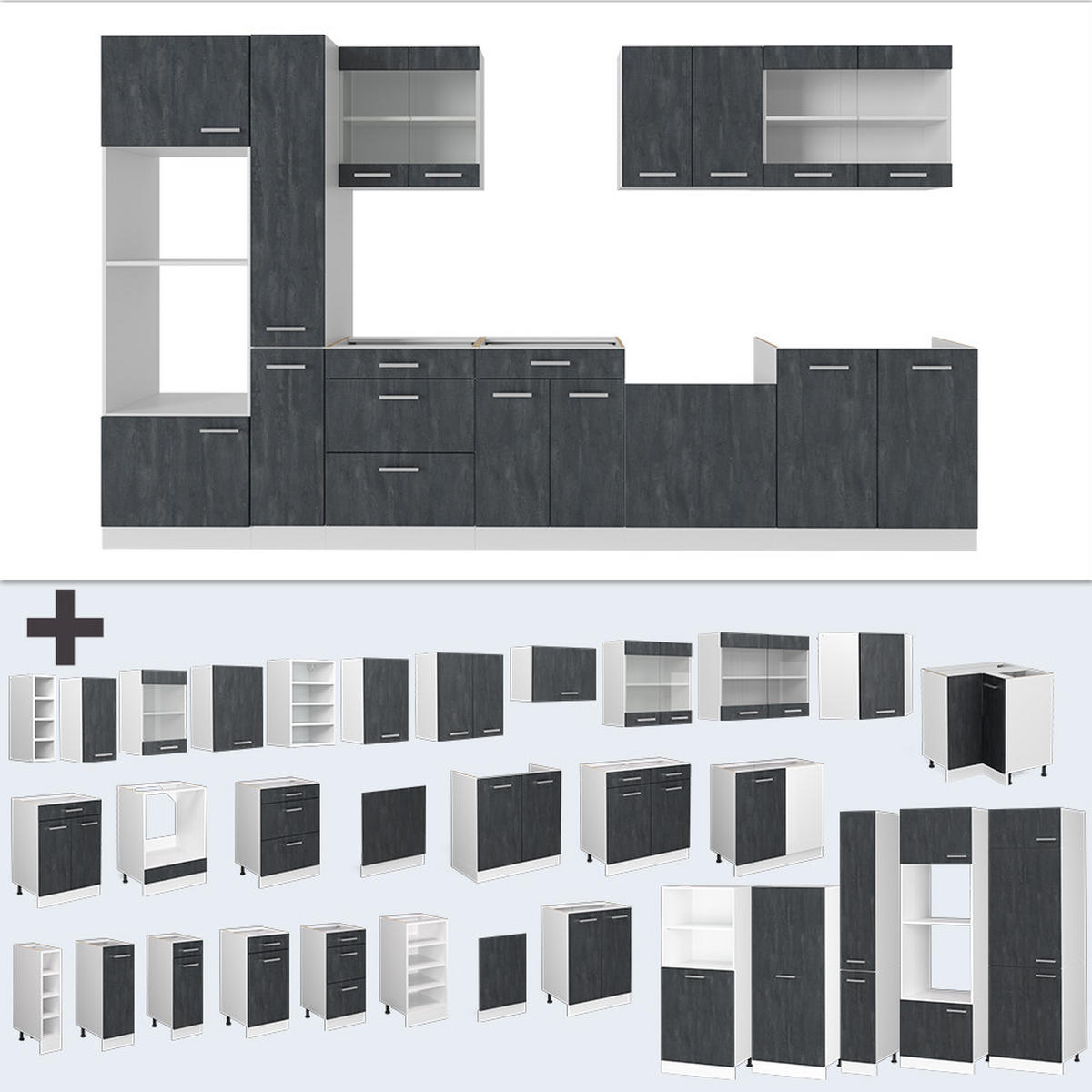 KÜCHENZEILE R-Line Schwarz Beton/Weiß 350 cm AP Marmor - Schwarz/Weiß, Holzwerkstoff (350/81.6/60cm) - Vicco