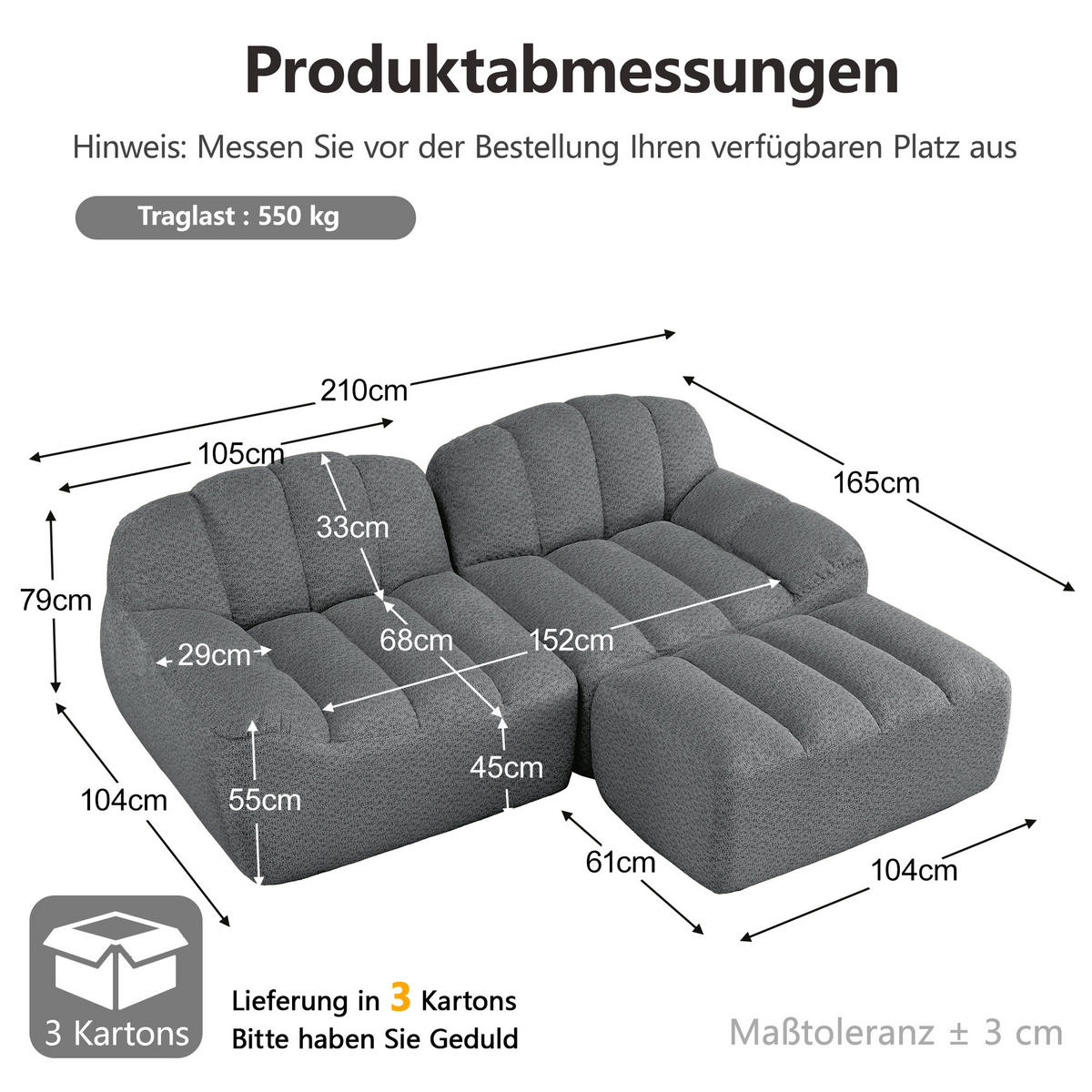 ECKSOFA DE-34312 2-Sitzer mit Ottoman Grau - Grau, Textil (165/210cm) - ComfortXL