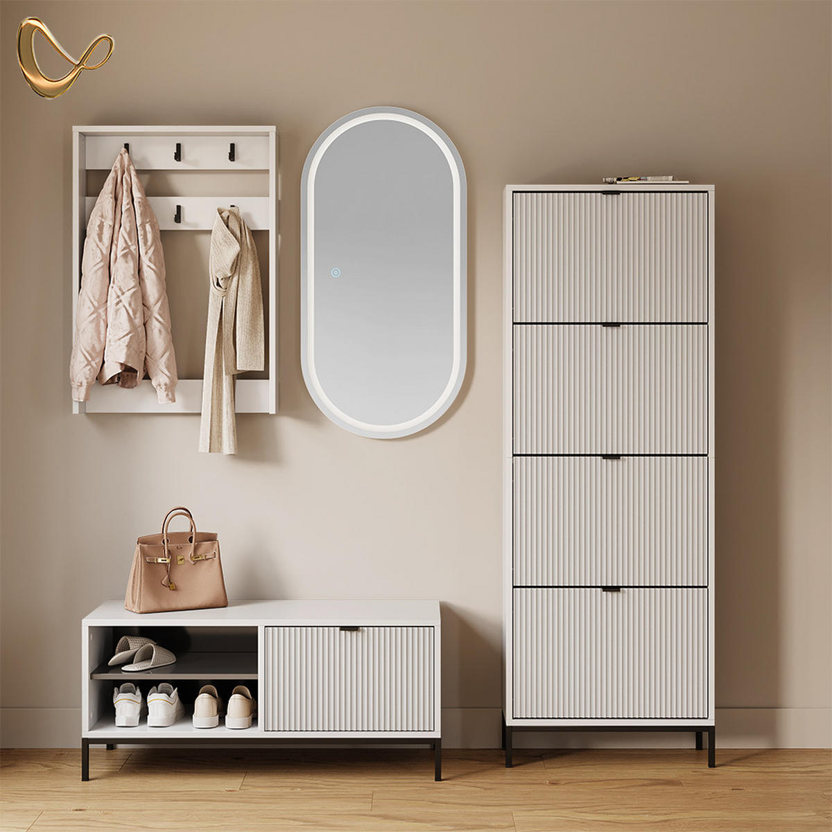 SCHUHKIPPER Aterno Weiß 60 x 168 cm mit 4 Klappschubladen - Weiß, Holzwerkstoff (60/168/24cm) - Livinity®