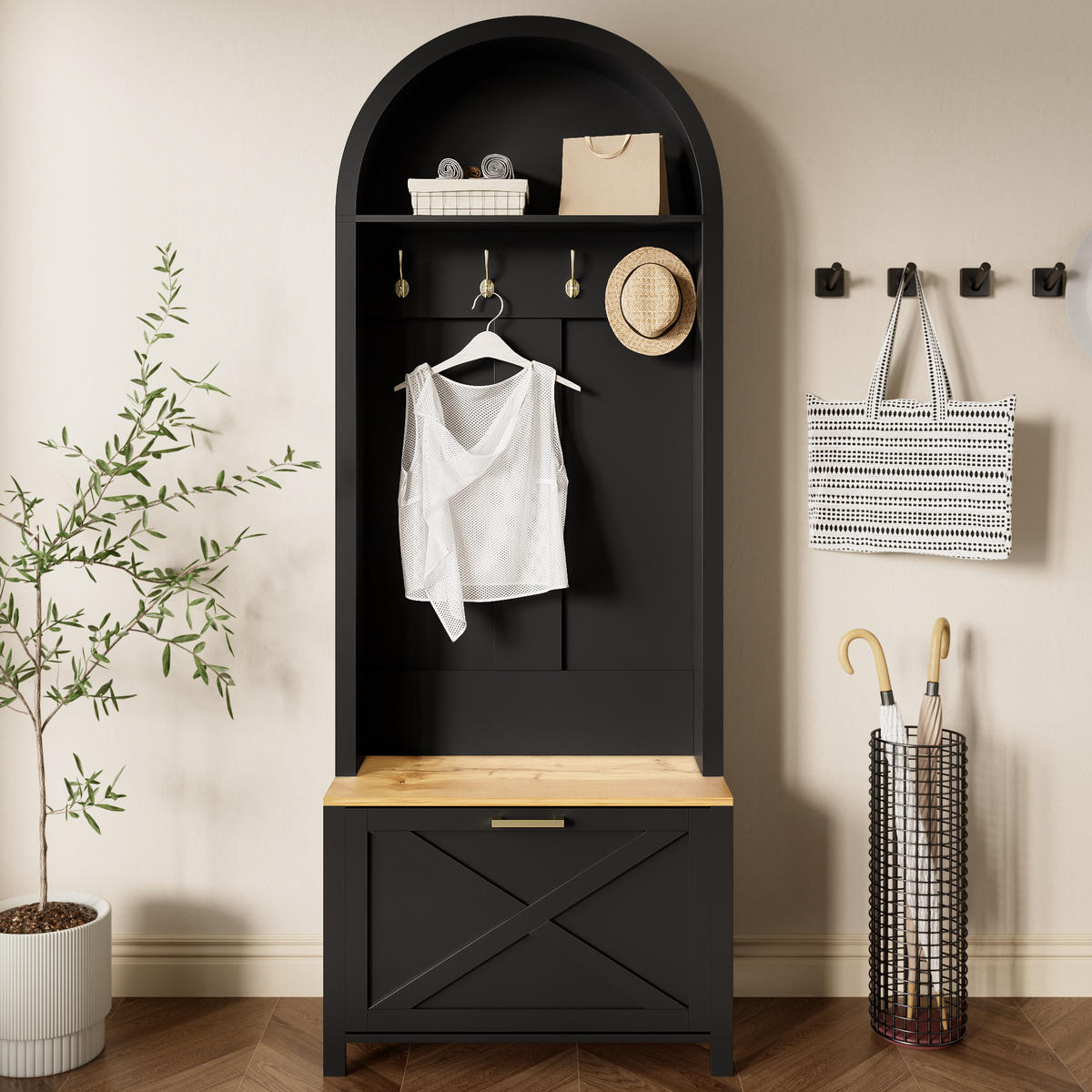 FLURGARDEROBE mit Schuhablage 75/35/195 cm in Schwarz/Natur - Schwarz, Holzwerkstoff (35/195/75cm) - BEAOK
