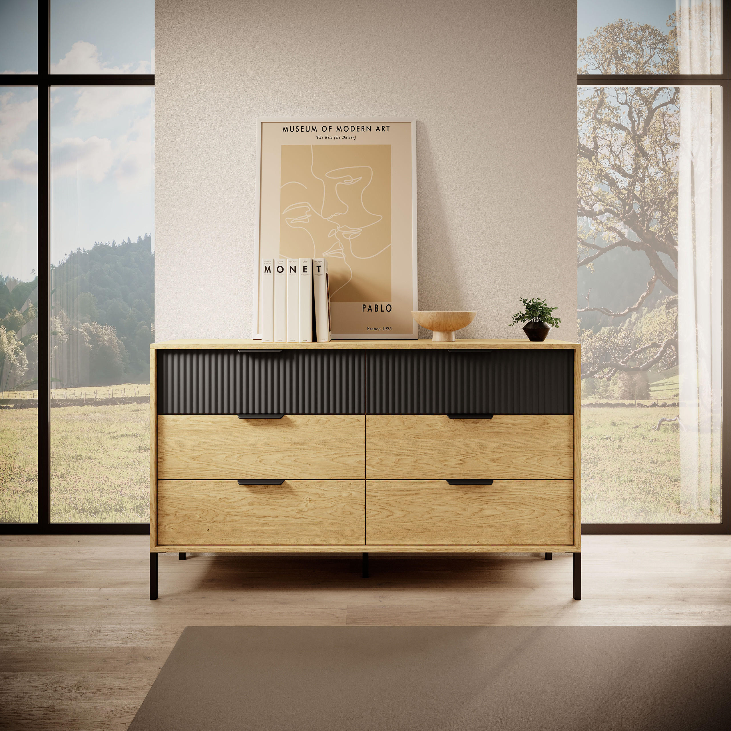 SIDEBOARD BALTICO 137/81/40 cm mit 6 Schubladen Hellgelb - Hellgelb/Schwarz, Holzwerkstoff (137/81/40cm) - MASSENO