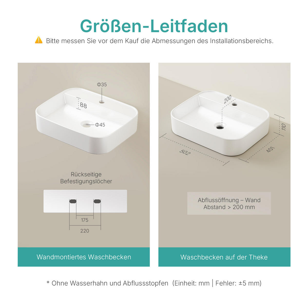 WASCHBECKEN Keramik mit abgerundeten Ecken, Weiß 50,2/40,1 cm - Weiß, Keramik (50.2/11/40.1cm) - EMKE