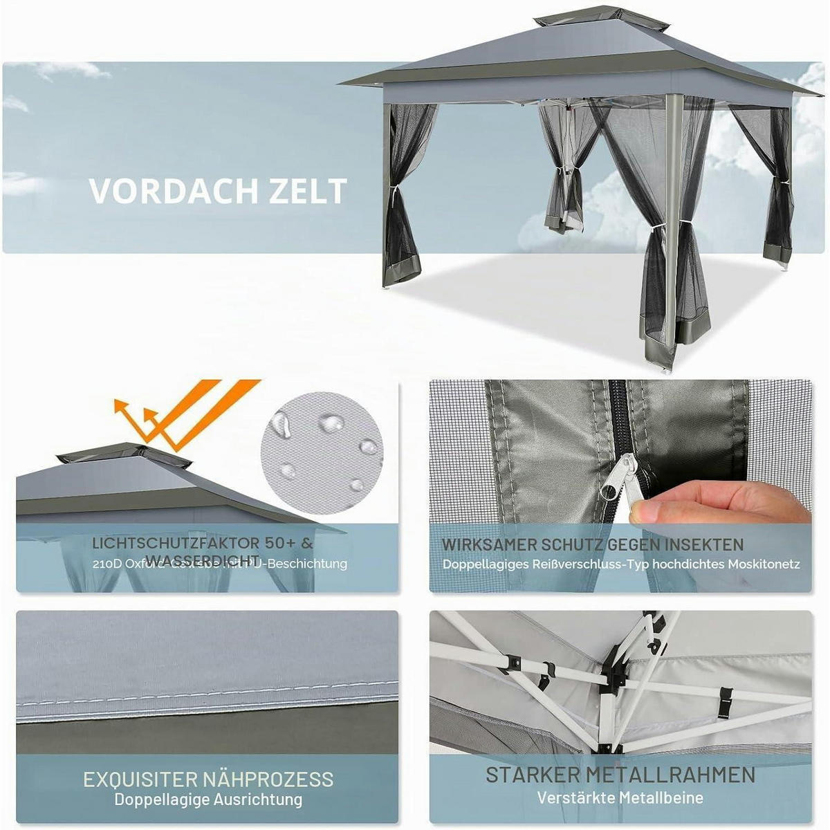 PAVILLON 3,65 x 3,65 m Dunkelgrau mit Moskitonetz - Grau, Textil (365/275/365cm)
