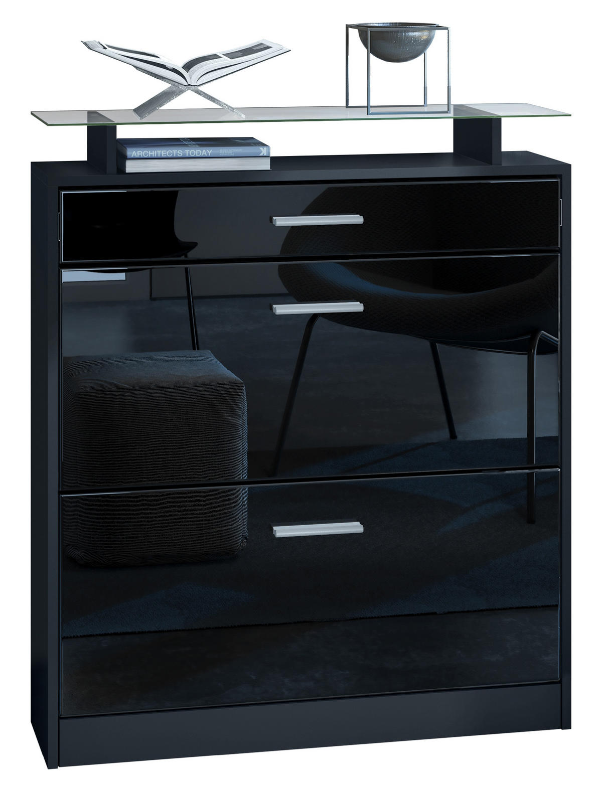 SCHUHSCHRANK Loret Front in Schwarz Hochglanz - Schwarz Hochglanz, Holzwerkstoff (89/104/23cm) - Vladon