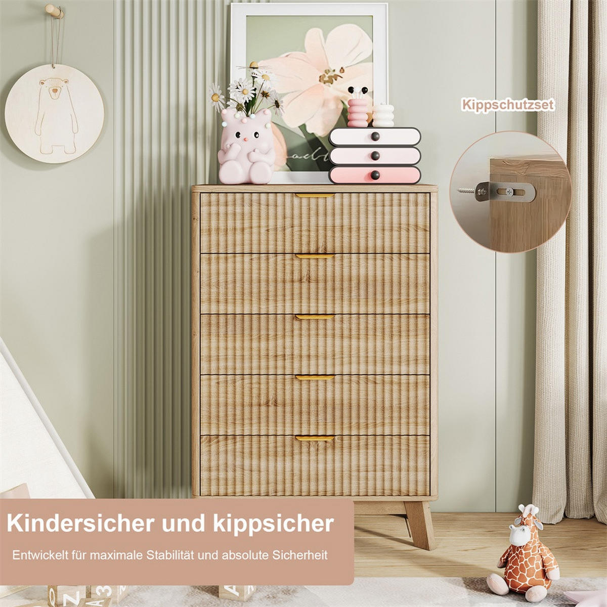 KOMMODE mit 5 Schubladen - geriffelte Fronten und goldene Metallgriffe - Eiche-Optik - Eichefarben, Holzwerkstoff (73/108/40cm) - DELFA
