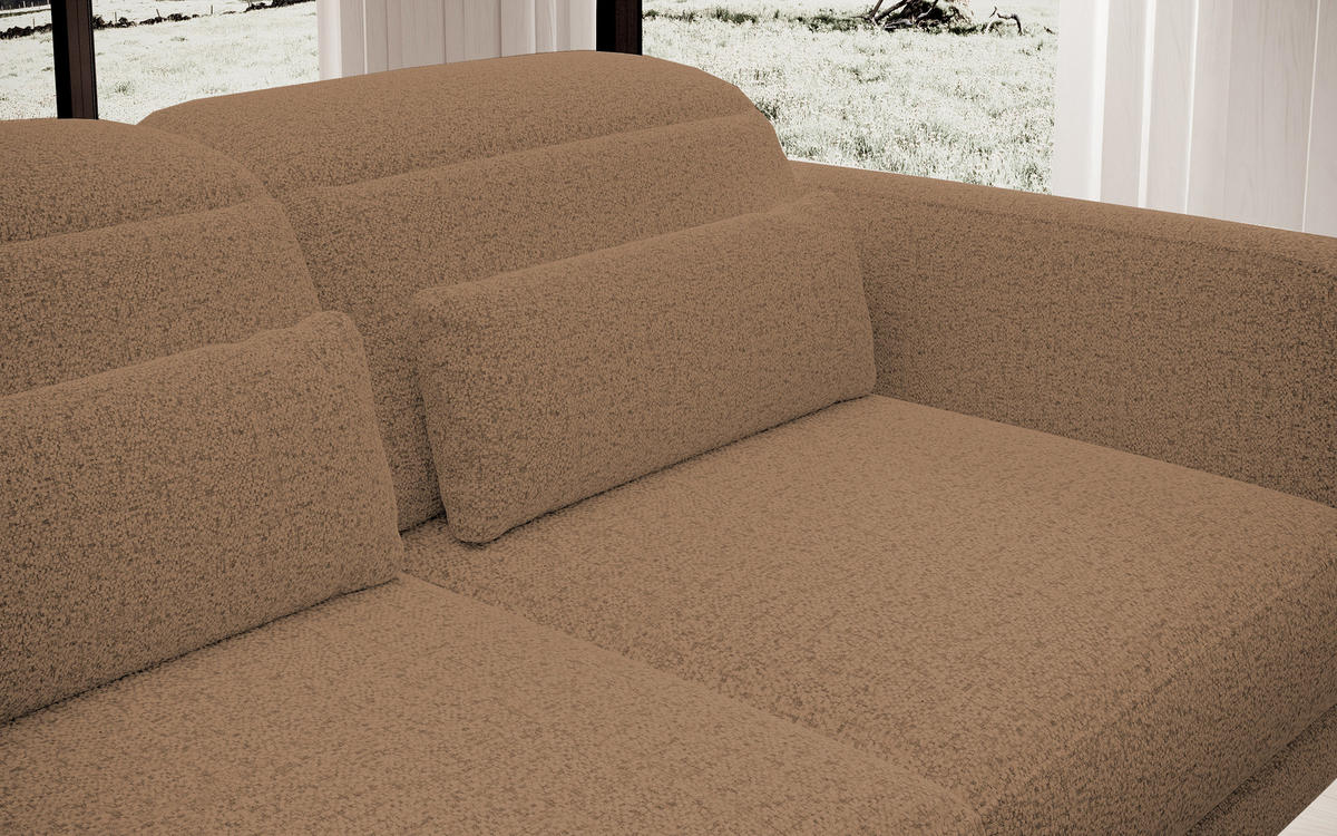 ECKSOFA Barillo – Verstellbare Rückenlehne, Stahlfüße, Elegante Armlehnen, Drei Rückenkissen, Freistehend, 261x170x97 cm – Rechte, Karamell - Creme, Holz/Textil (261/170cm) - DomoHome